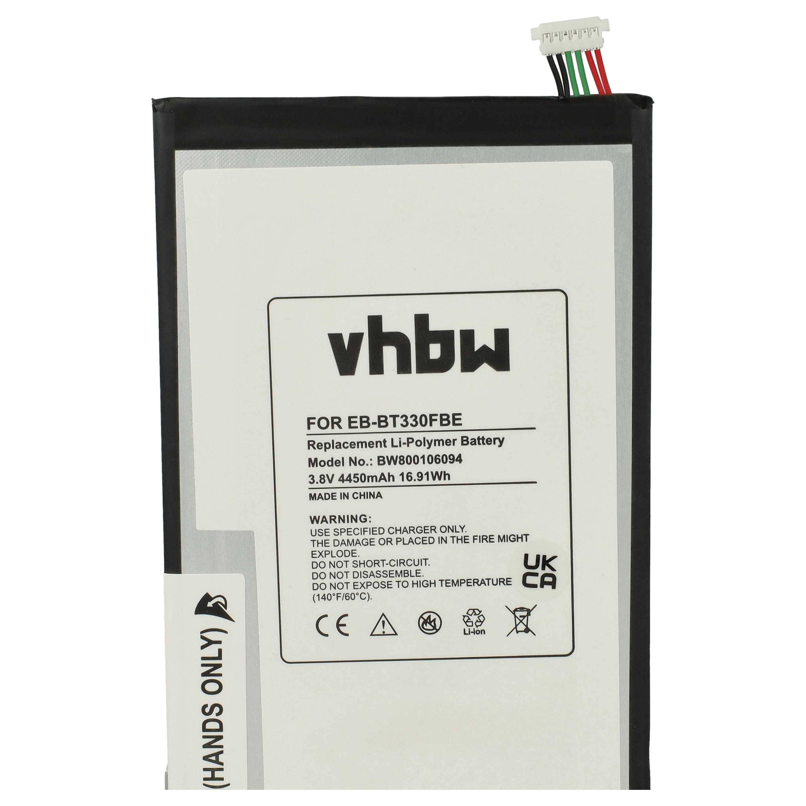 Ein rechteckiger Smartphone-Akku mit der Bezeichnung 'vhbw' für das Modell EB-BT330FBE, 3,8V, 4500mAh. Der Text warnt: 'Verwenden Sie nur das angegebene Ladegerät.