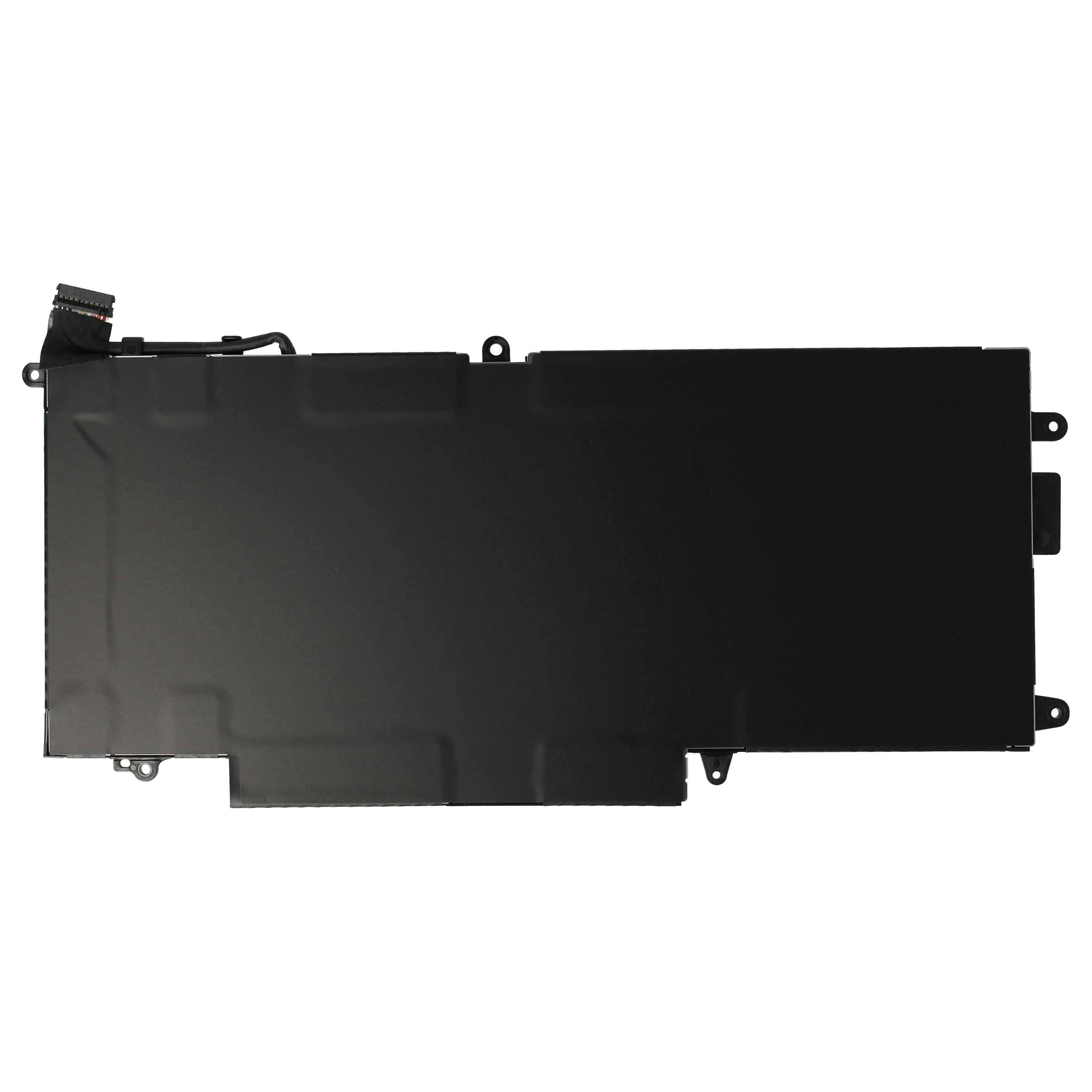 Ein rechteckiger schwarzer Laptop-Akku mit Anschlüssen in der oberen linken Ecke, von oben betrachtet.