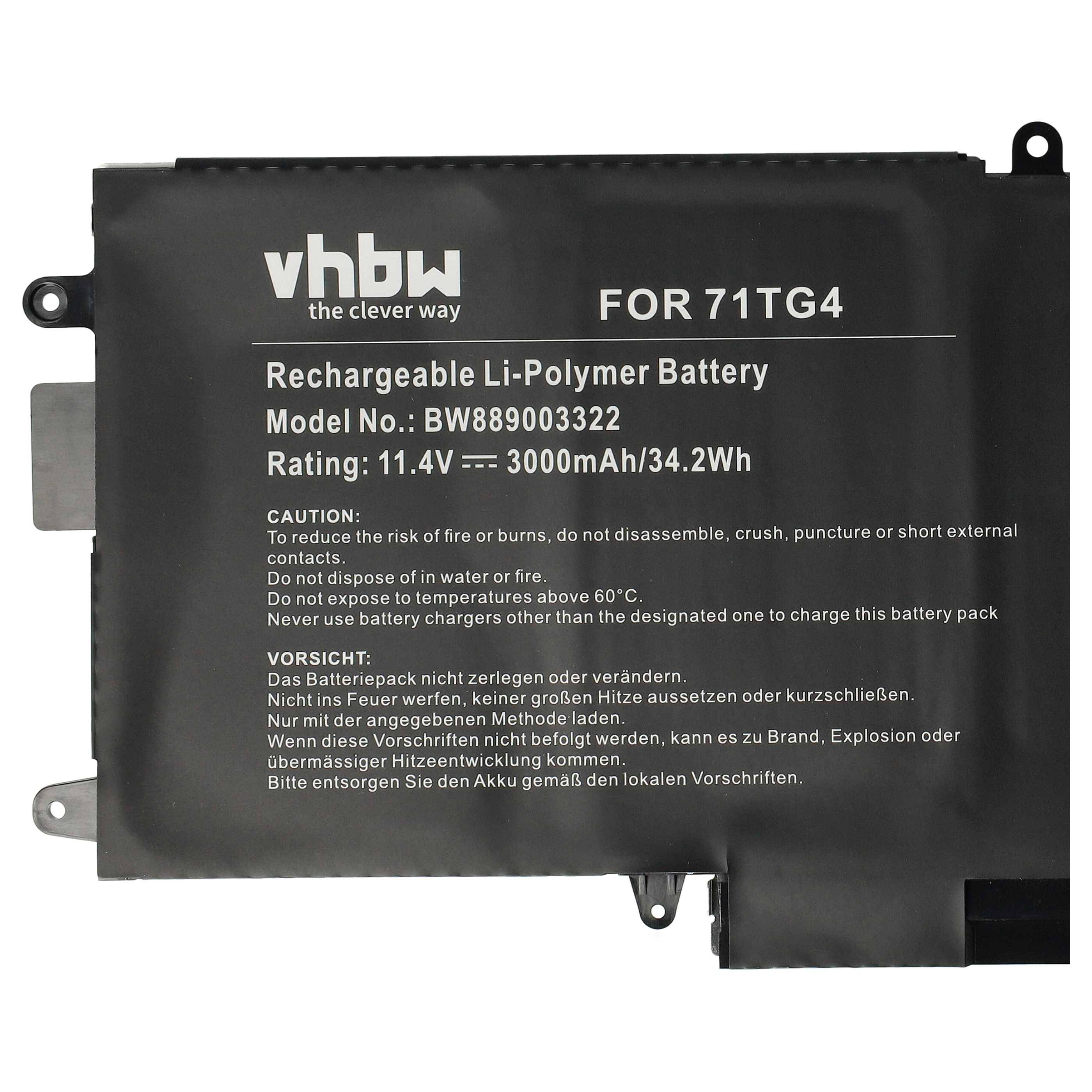 Wiederaufladbare Li-Polymer-Batterie für 71TG4, Modell BW88903322, 11,4V, 3000mAh/34,2Wh. Vorsicht: Feuer, Auseinandernehmen und Überhitzung vermeiden.