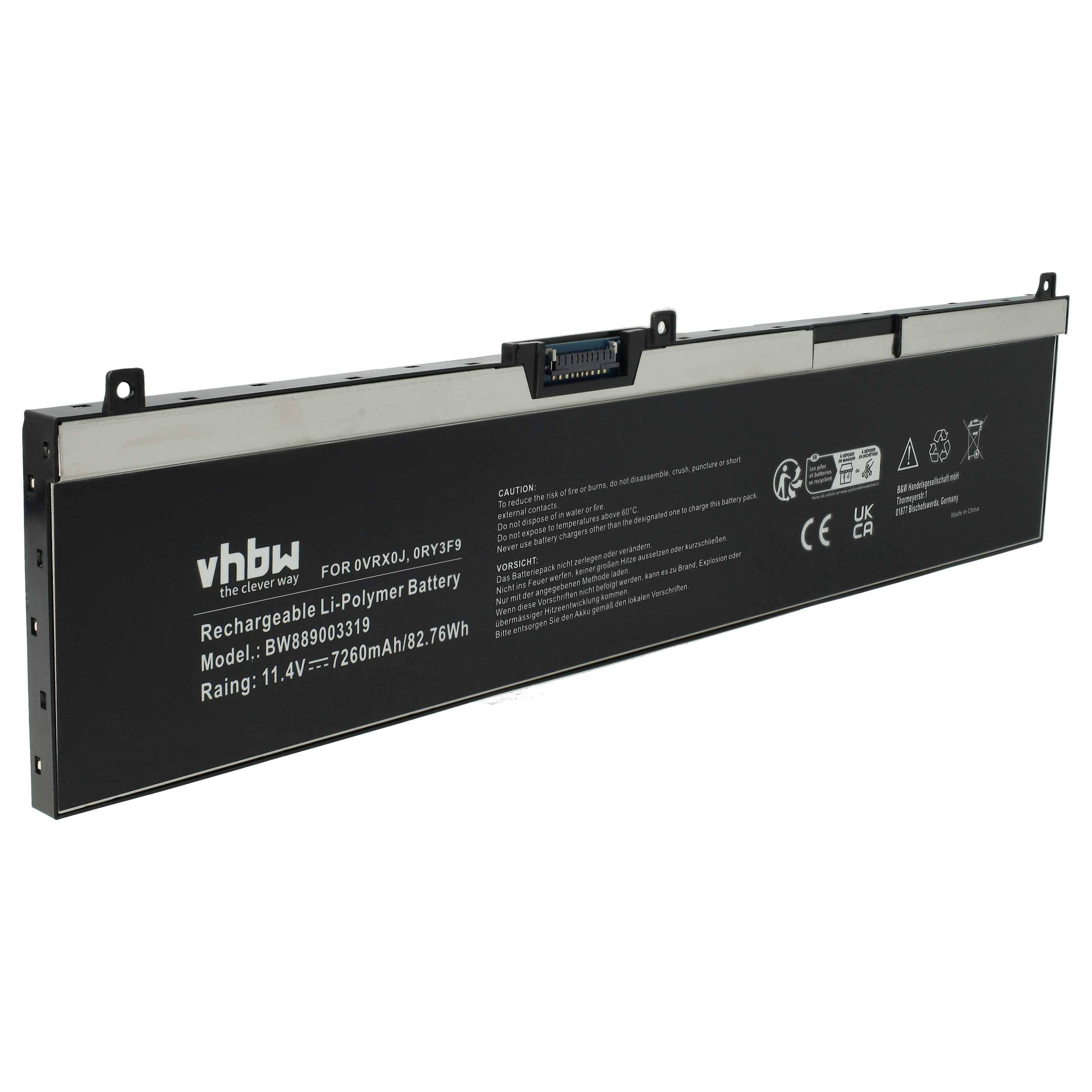 vhbw Akku Ersatz für Dell 0VRX0J, CJ18V, 451-BCGI, 7M0T6, 0WMRC77I, 5TF10, 0RY3F9 für Notebook (7260 mAh, 11,4 V, Li-Polymer)