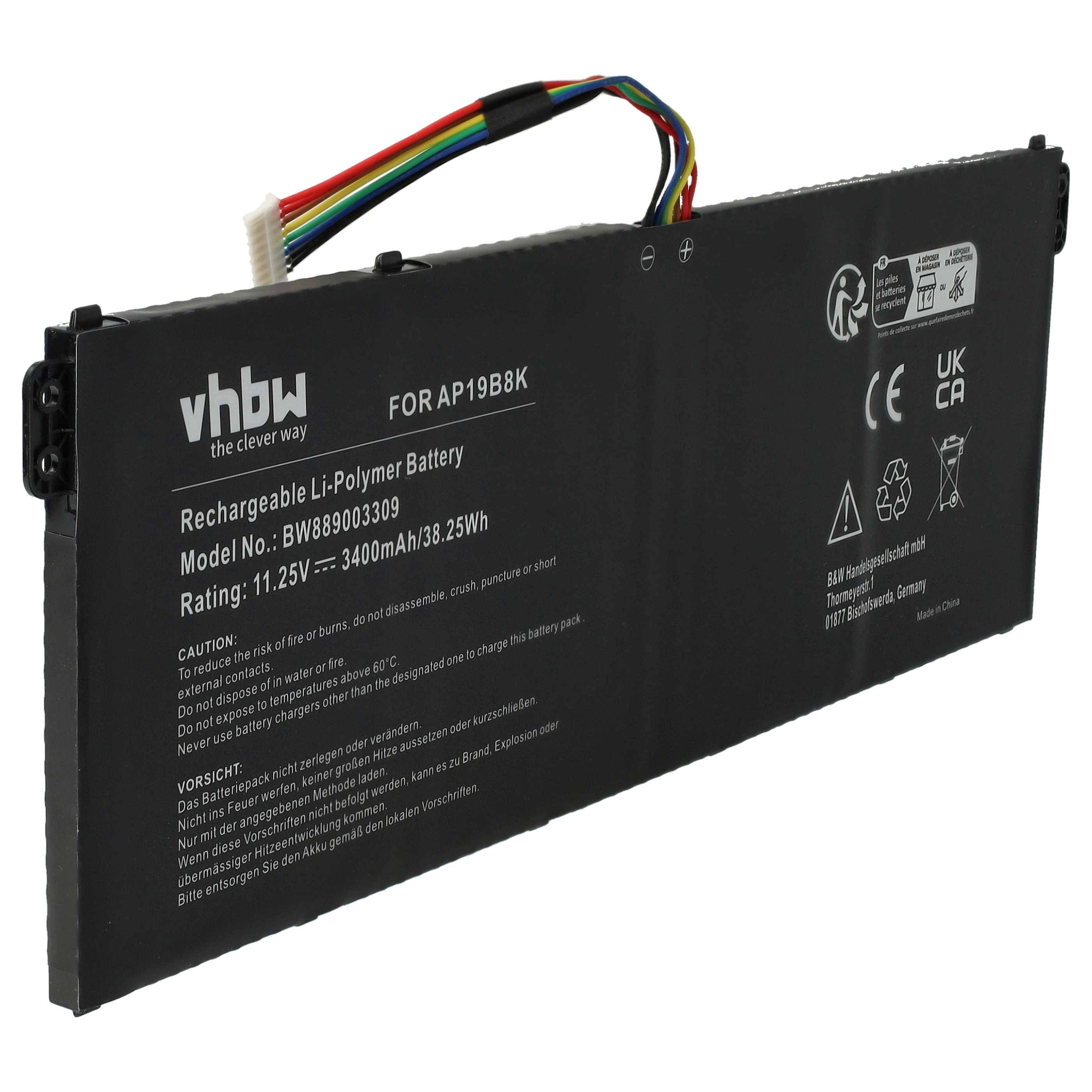 vhbw Akku kompatibel mit Acer Aspire 7 A315-56, A715-42G-R5AM, A715-42G-R45B, A715-42G-R2QH Notebook (3400 mAh, 11,25 V, Li-Polymer)