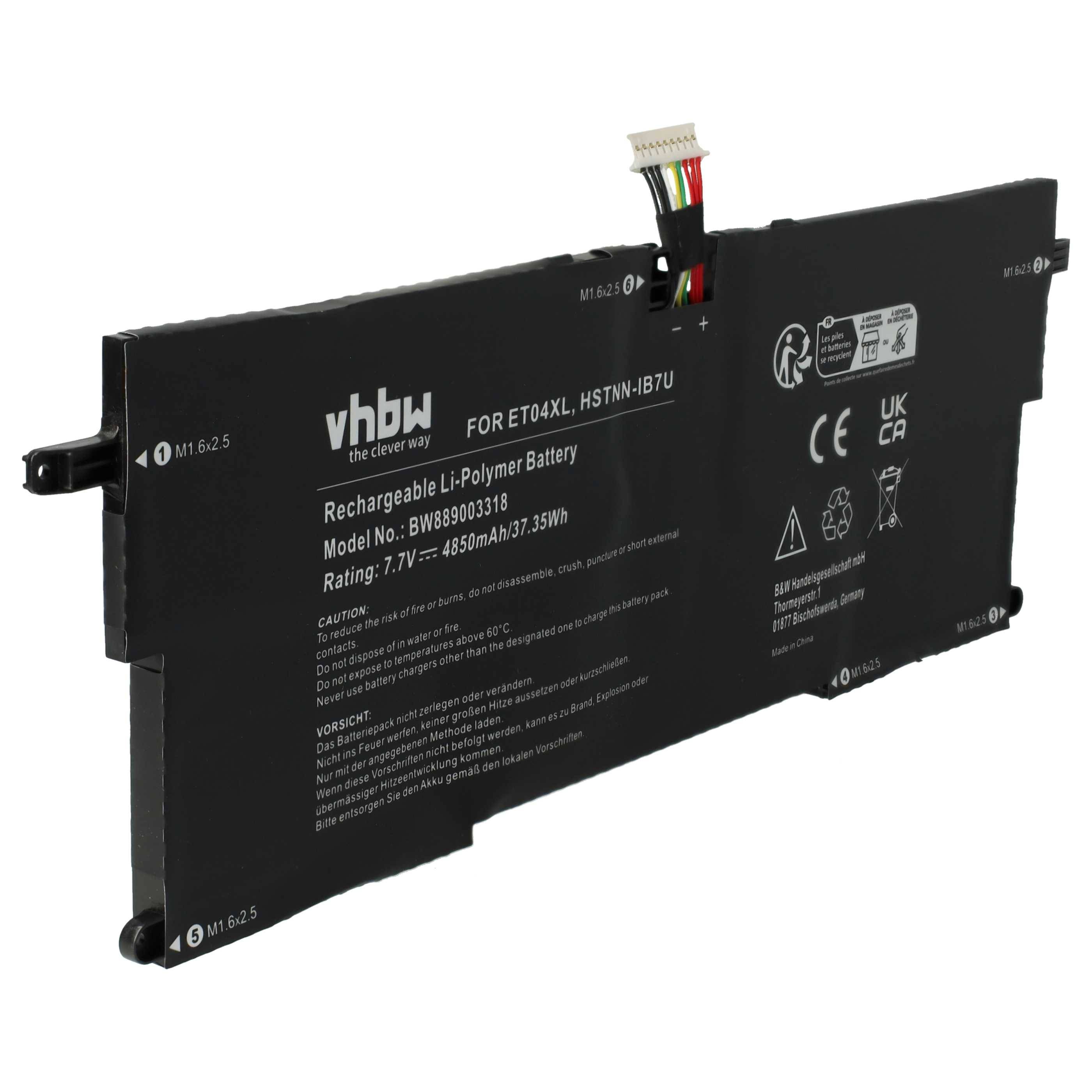 Schwarzer wiederaufladbarer Li-Polymer-Akku für ETO4XL, 7,7V, 4890mAh, 37,5Wh, mit Zertifizierungssymbolen und Vorsichtshinweisen.