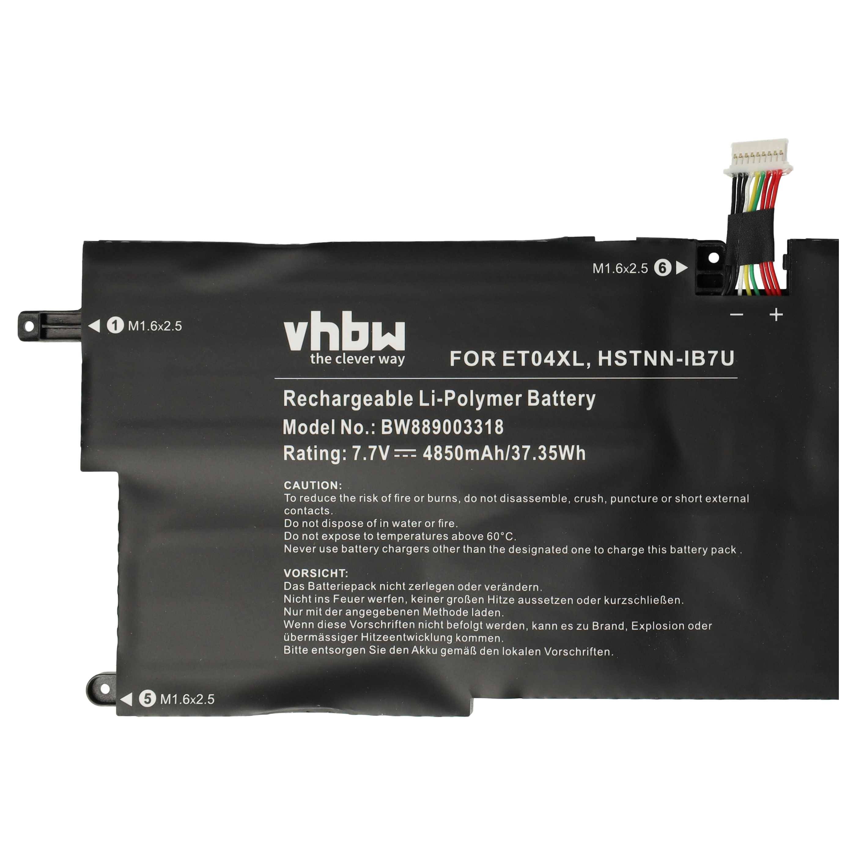 Wiederaufladbare Li-Polymer-Batterie mit der Bezeichnung ET04XL, HS7NN-IB7U, Modell BWB89003318, mit 7,7V, 4850mAh/37,35Wh. Vorsicht: Anleitung lesen.
