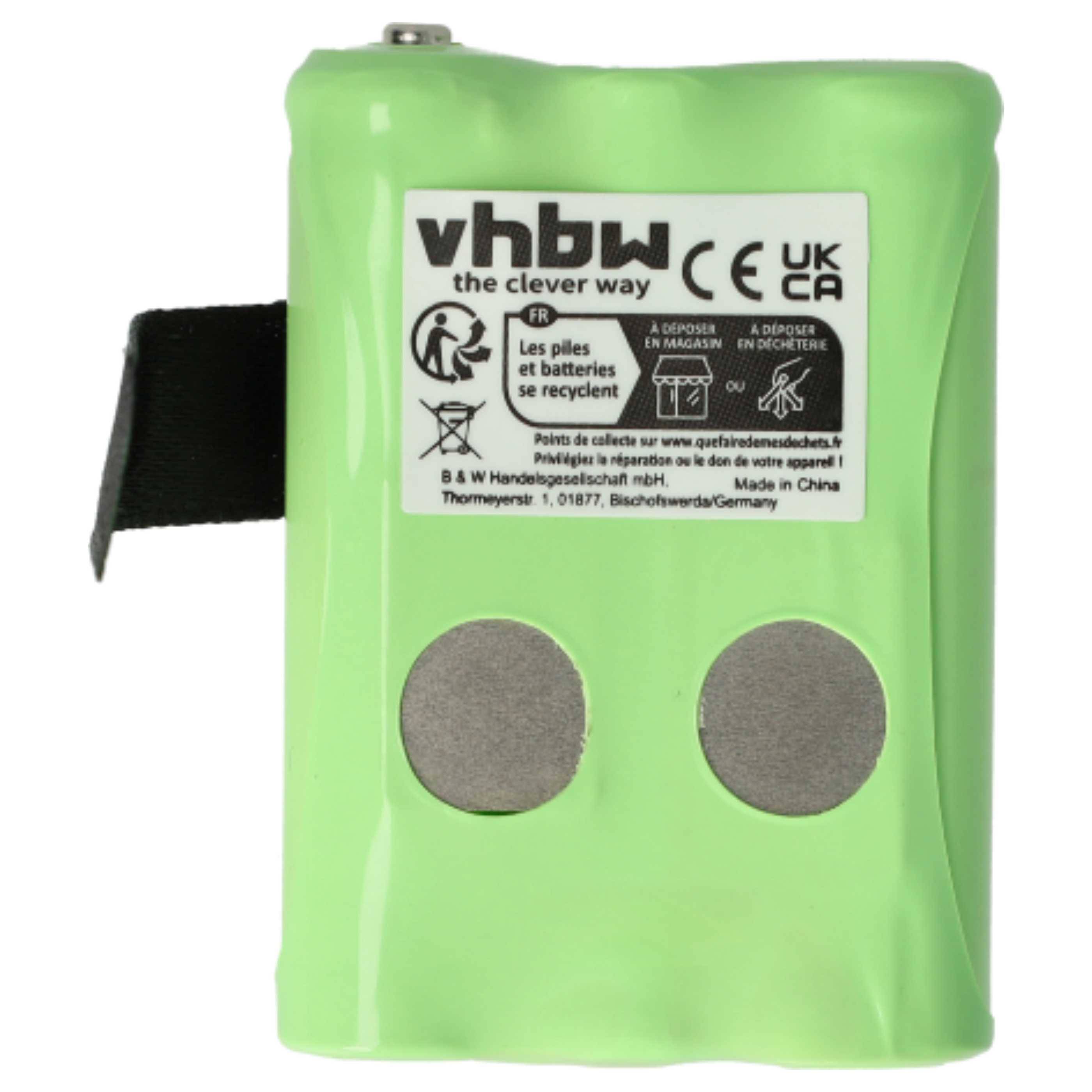 Grünes vhbw Akku-Pack mit zwei Metallkontakten und Etiketten mit europäischen Zertifizierungen und Recyclinginformationen.