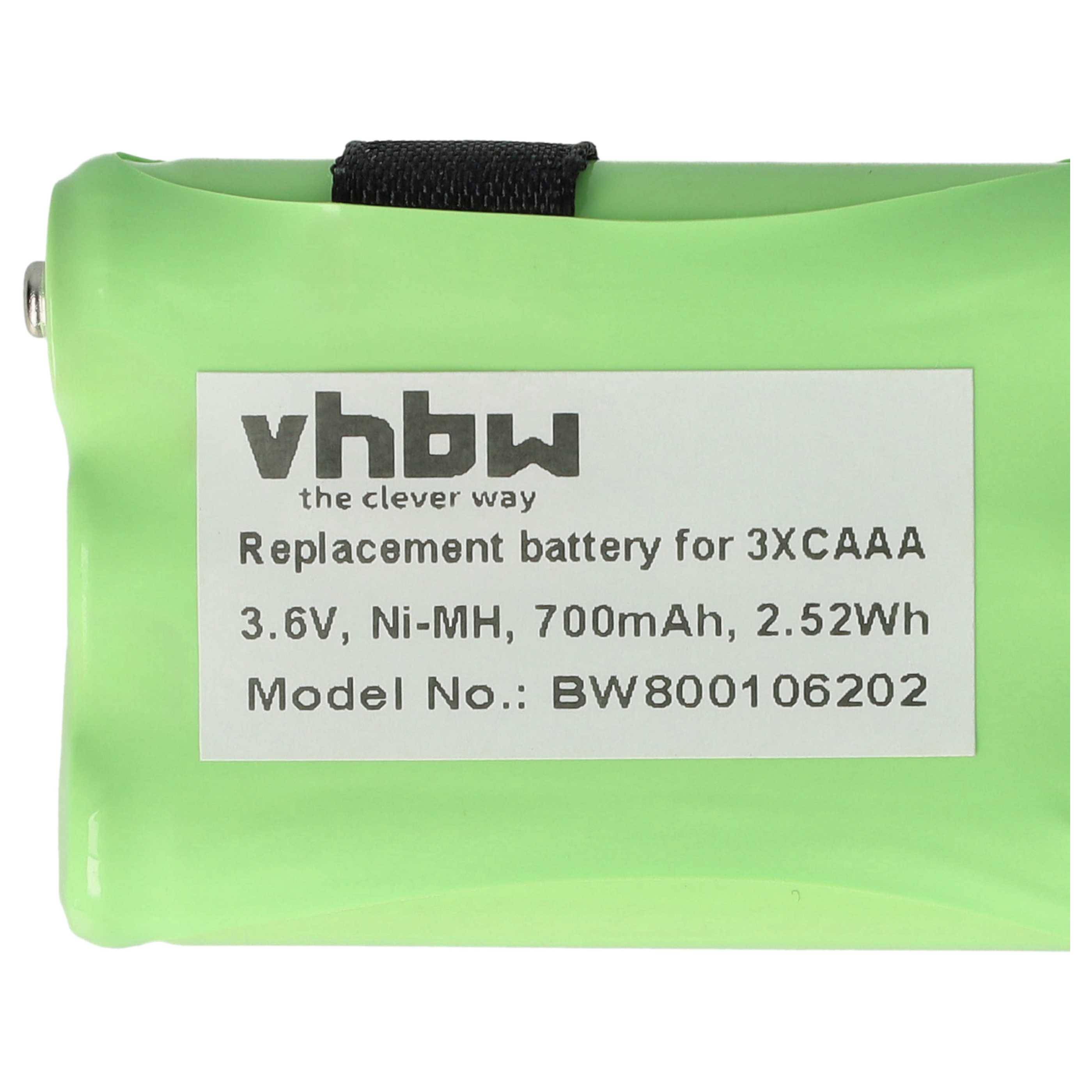 Eine grüne Ersatzbatterie mit der Bezeichnung „3,6V, Ni-MH, 700mAh, 2,52Wh