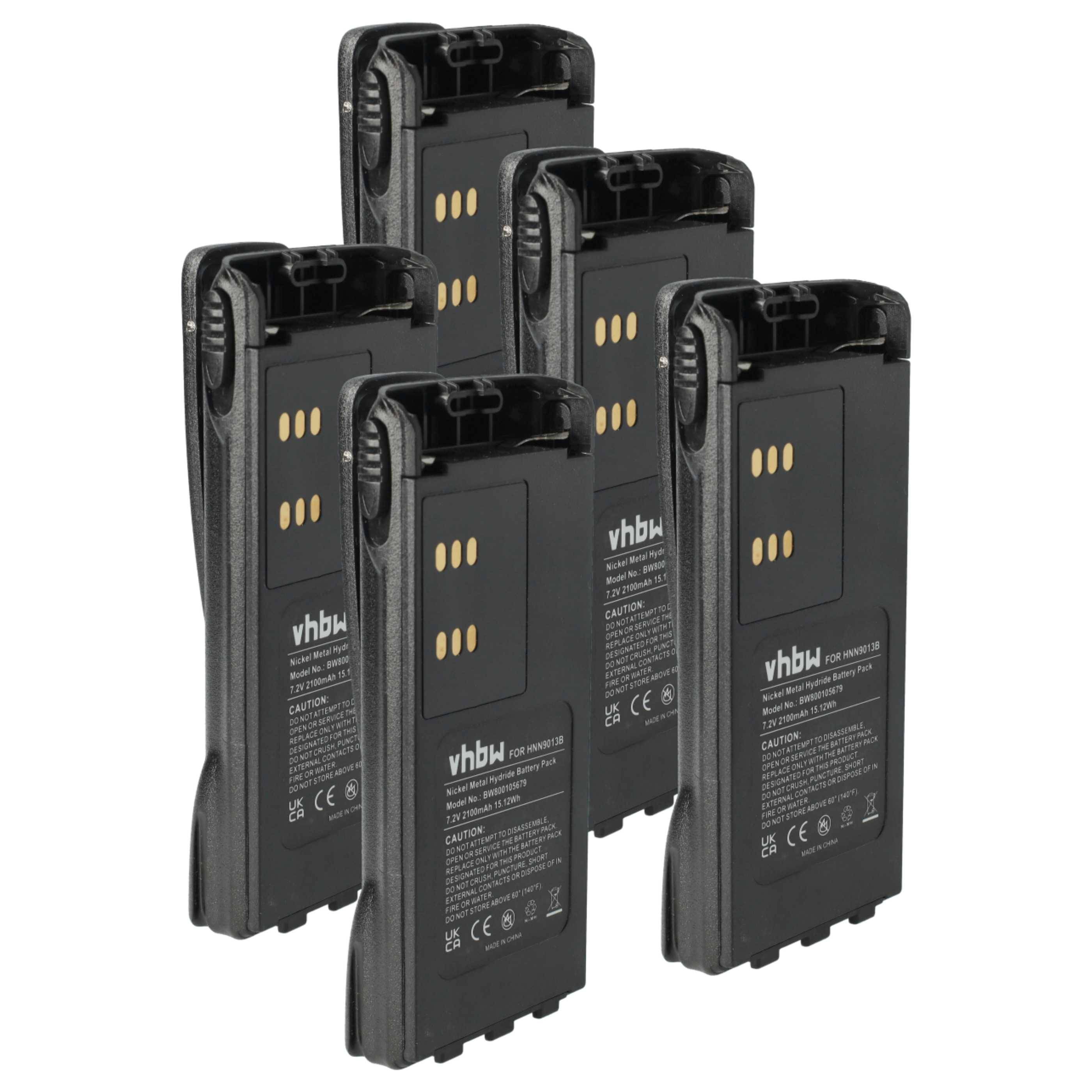 Fünf schwarze wiederaufladbare Batterien stehen aufrecht, dem Betrachter zugewandt, jede mit der Aufschrift 'vhbw' und Standard-Konformitätsmarkierungen versehen.