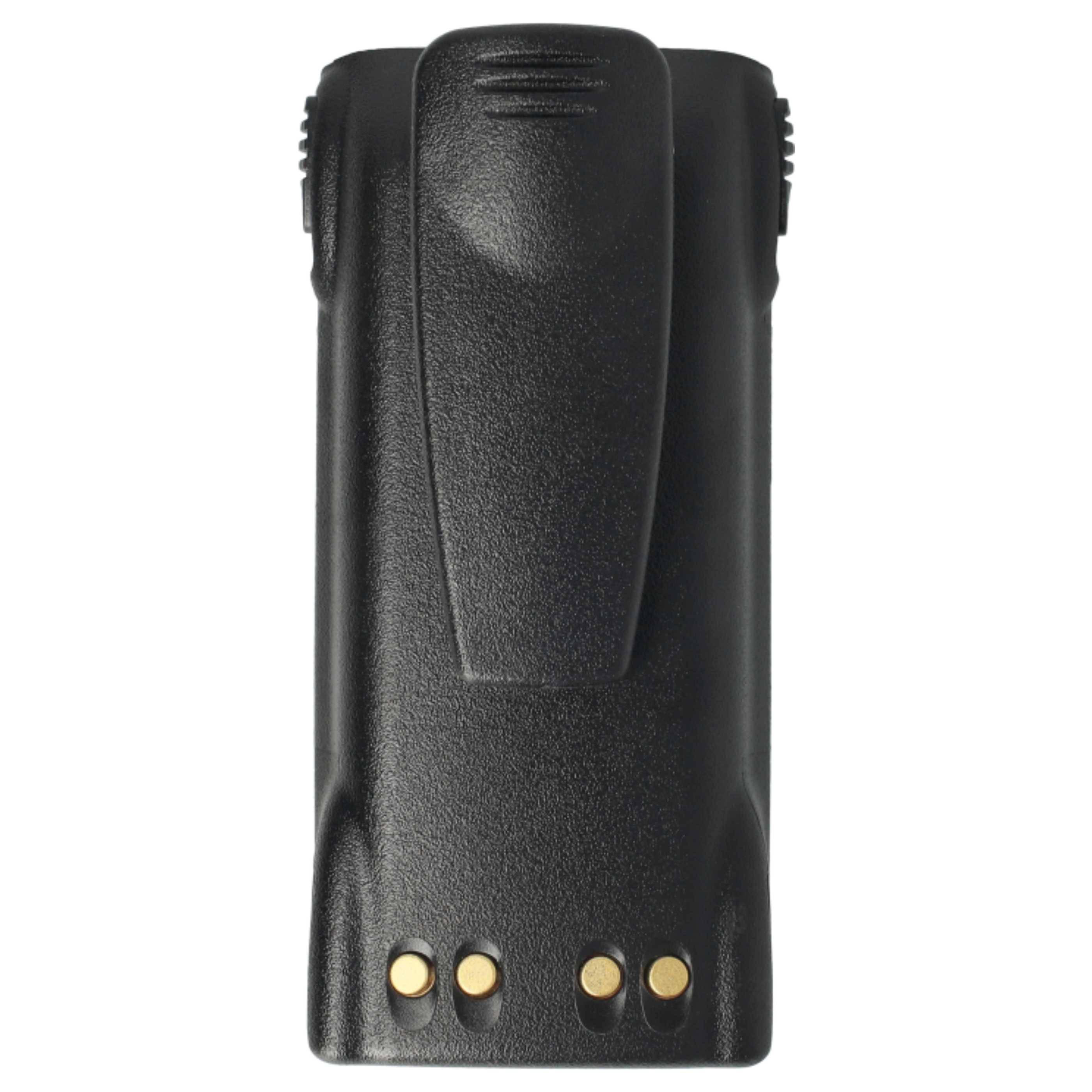 Eine schwarze Radio-Batterie mit drei goldenen Kontaktpunkten an der Unterseite, einer strukturierten Oberfläche und einer Gürtelklammer an der Rückseite.
