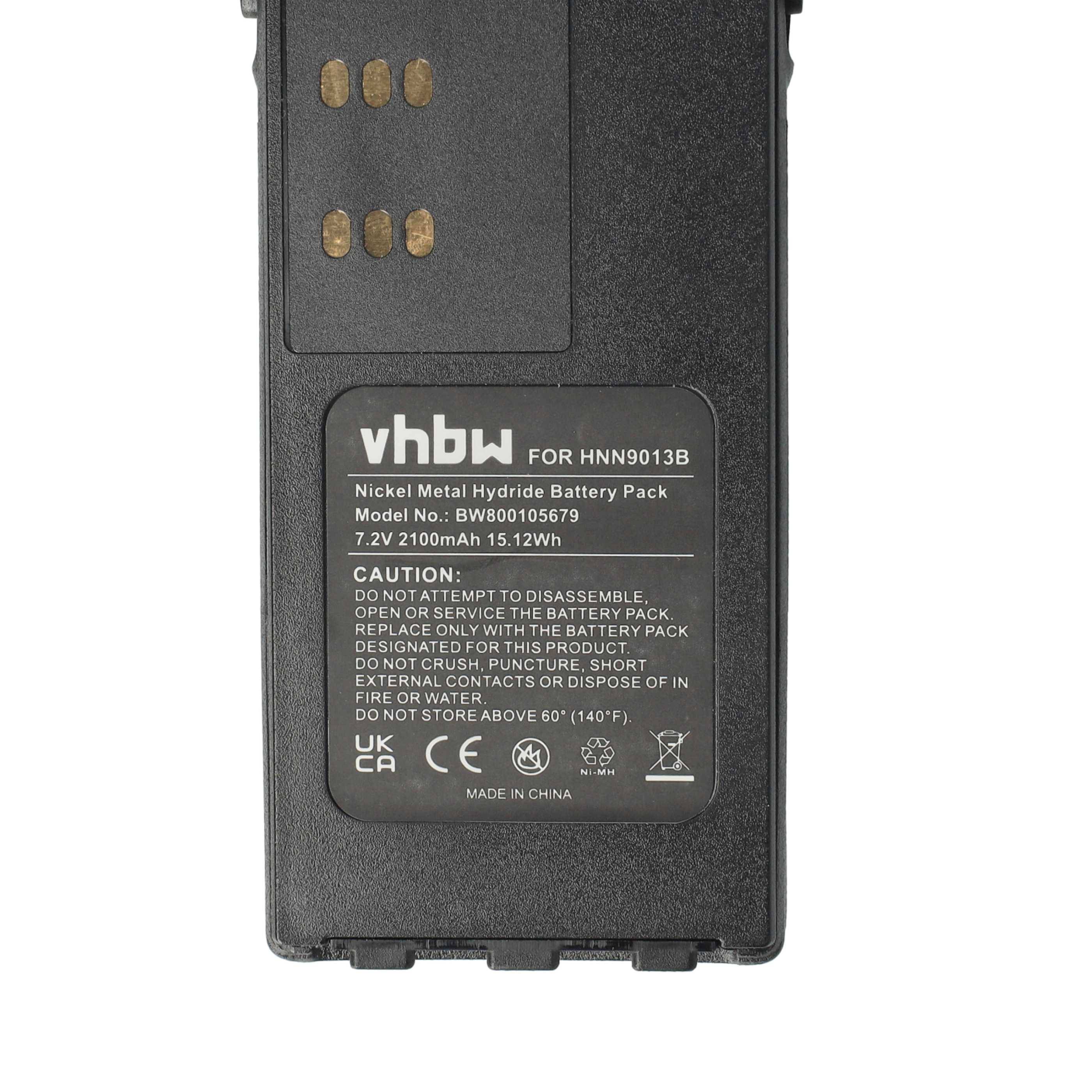 Eine schwarze Nickel-Metall-Hydrid-Batterie für HNN9013B mit 7,2V und 2100mAh Kapazität, mit Sicherheits- und Entsorgungshinweisen.