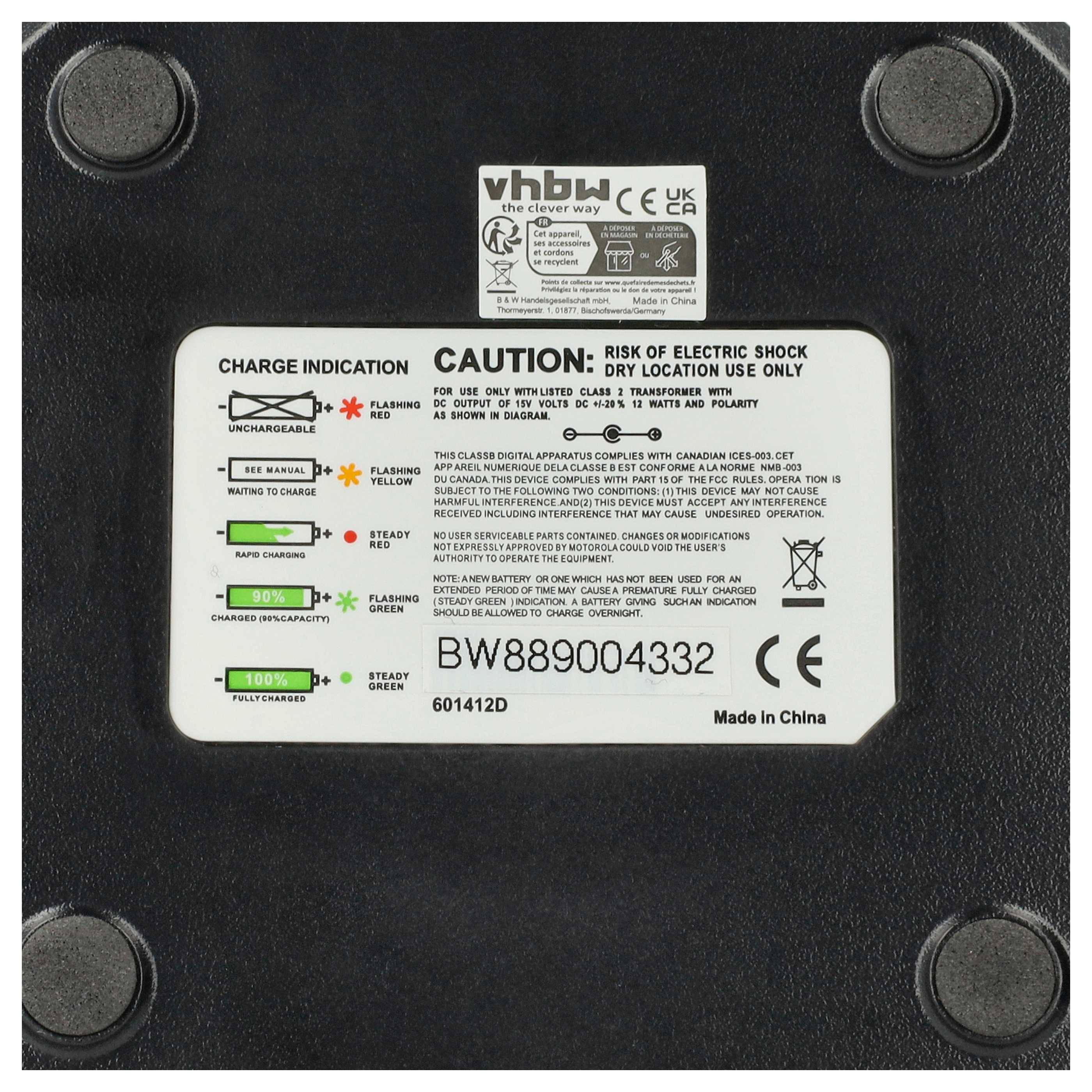 Ladeanzeige'-Bereich mit LED-Lichterklärungen. 'Vorsicht'-Warnung vor elektrischen Schlägen und Verwendung an trockenen Orten. Modell BW889004332, hergestellt in China.