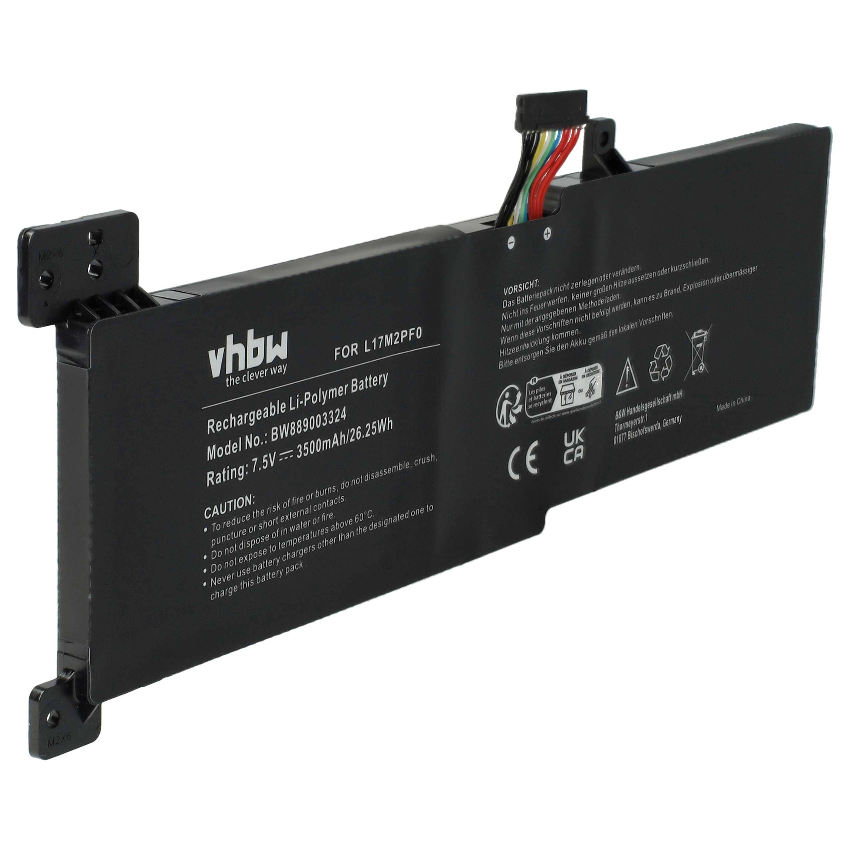 Wiederaufladbare Li-Polymer-Batterie für L17M2PFO, Modell BWB8003342, 3560mAh, 7,5V. Schwarzes Gehäuse mit Anschlussdrähten.