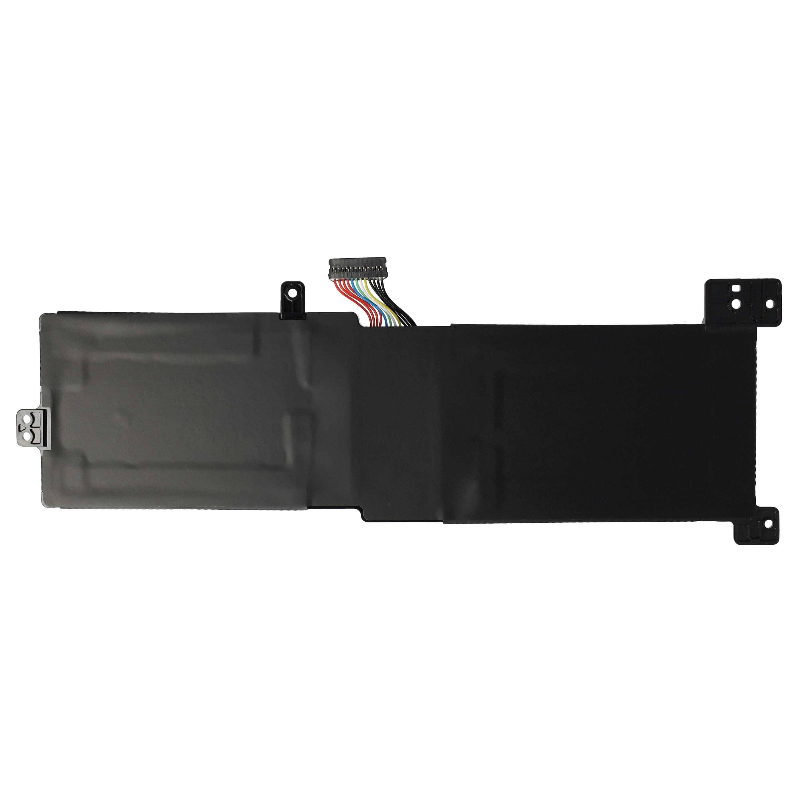 Eine rechteckige schwarze Laptop-Batterie mit einem Stecker, der mehrfarbige Drähte an der Oberseite aufweist.