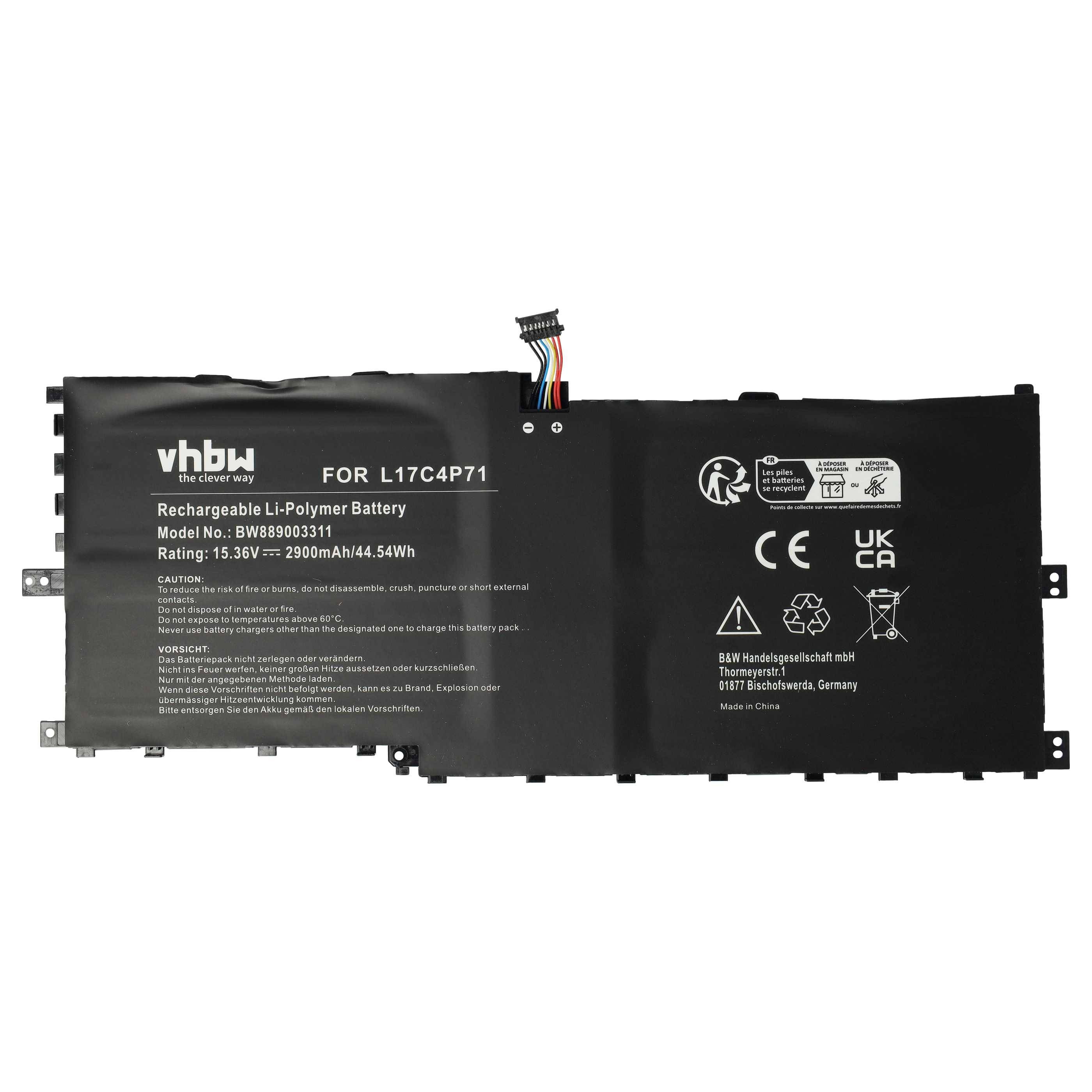 vhbw wiederaufladbare Li-Polymer-Batterie Modell BWB0935MI, 15,38V, 2900mAh, 44,56Wh' mit sichtbaren Zertifizierungssymbolen.