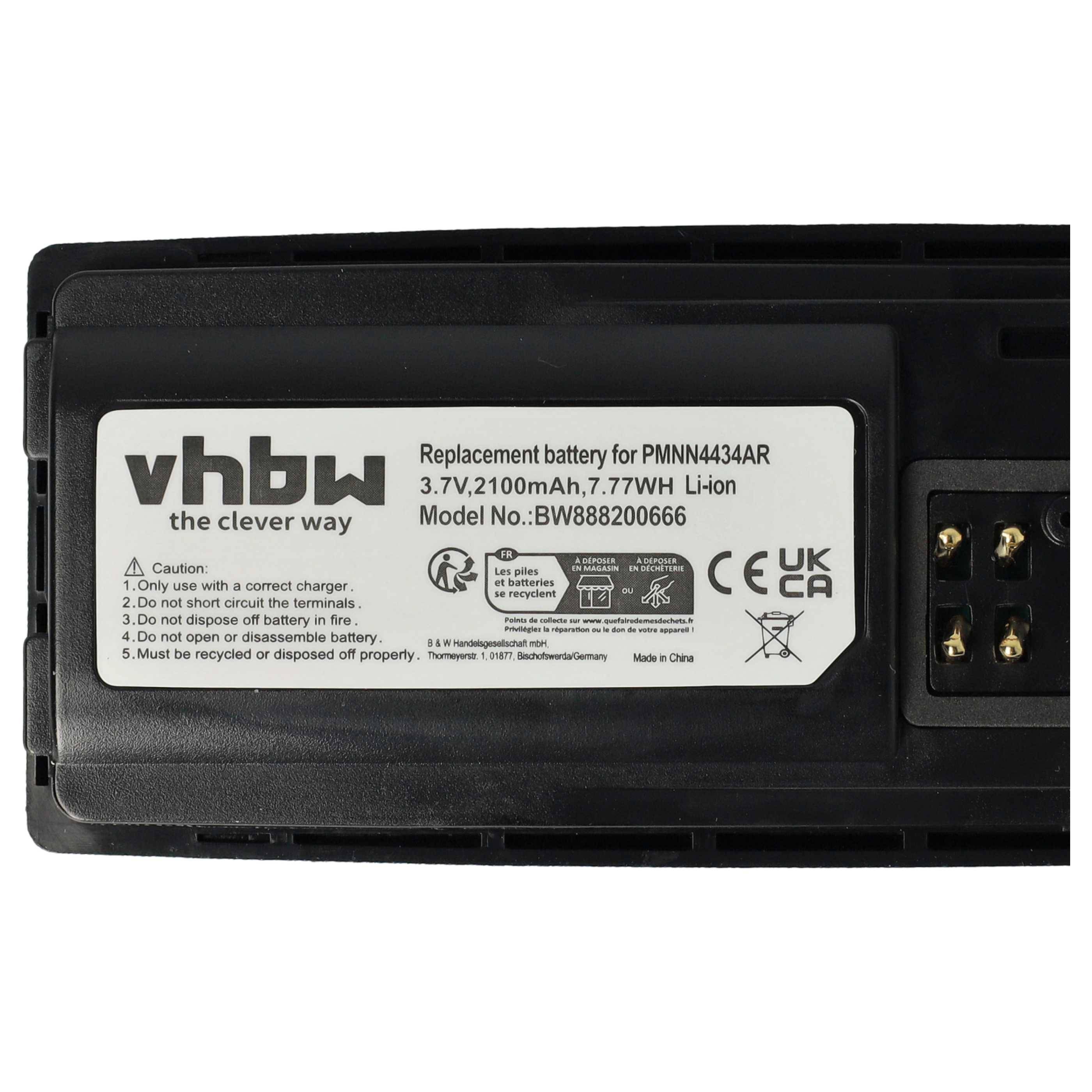 Ersatzbatterie für PMNN4434AR, 3,7V, 2100mAh, 7,77Wh, Li-Ion, mit Sicherheits- und Verwendungssymbolen.