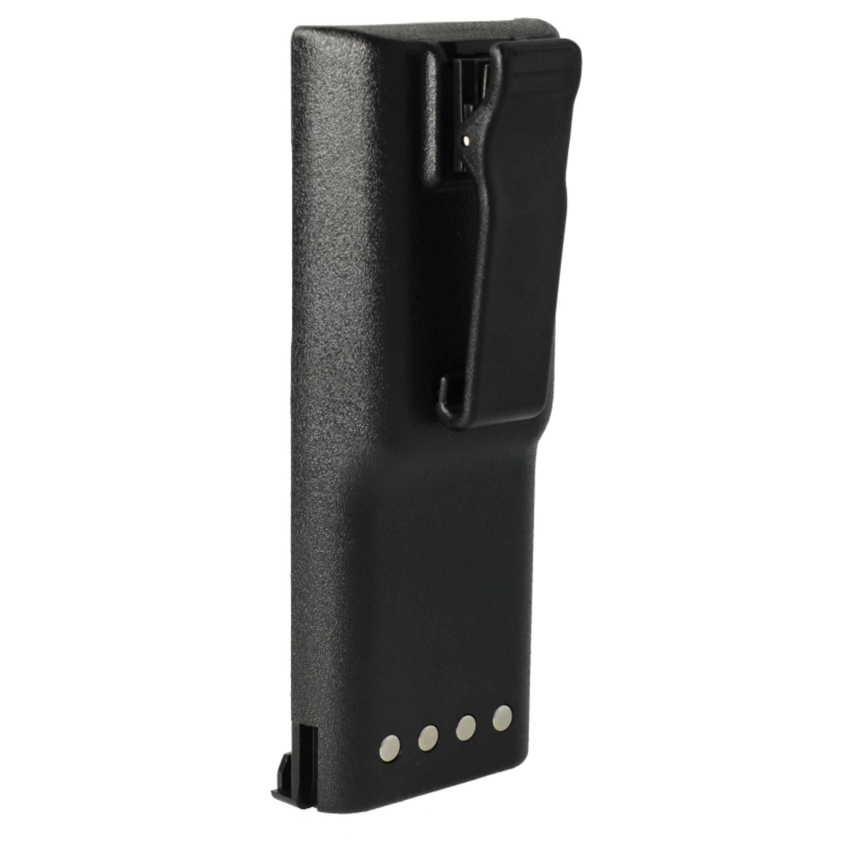 Eine schwarze tragbare Funkgerätebatterie mit Gürtelclip wird gezeigt und verfügt über vier silberfarbene Kontaktpunkte an der Unterseite.