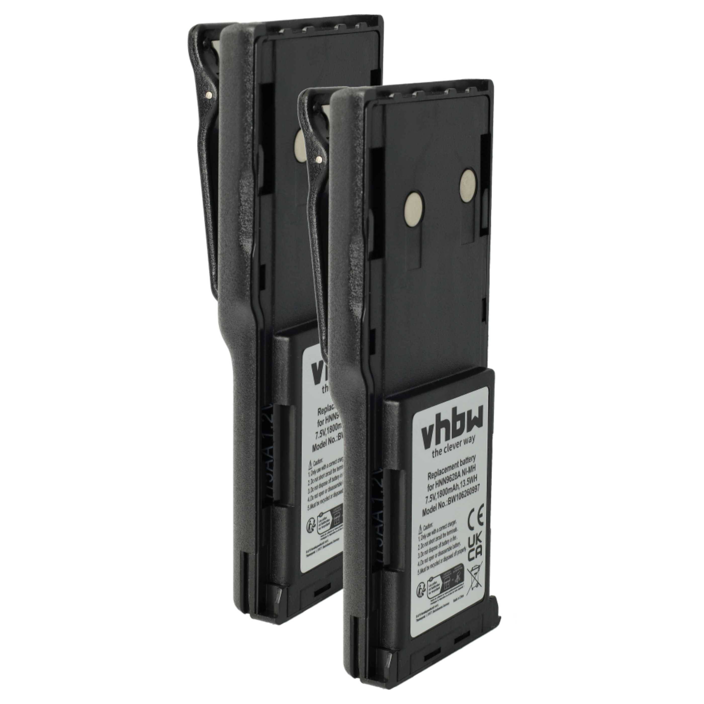 vhbw 2x Akku Ersatz für Motorola HNN9628R, HNN9701A, HNN9628C für Funkgerät, Walkie Talkie (1800 mAh, 7,5 V, NiMH) + Gürtelclip