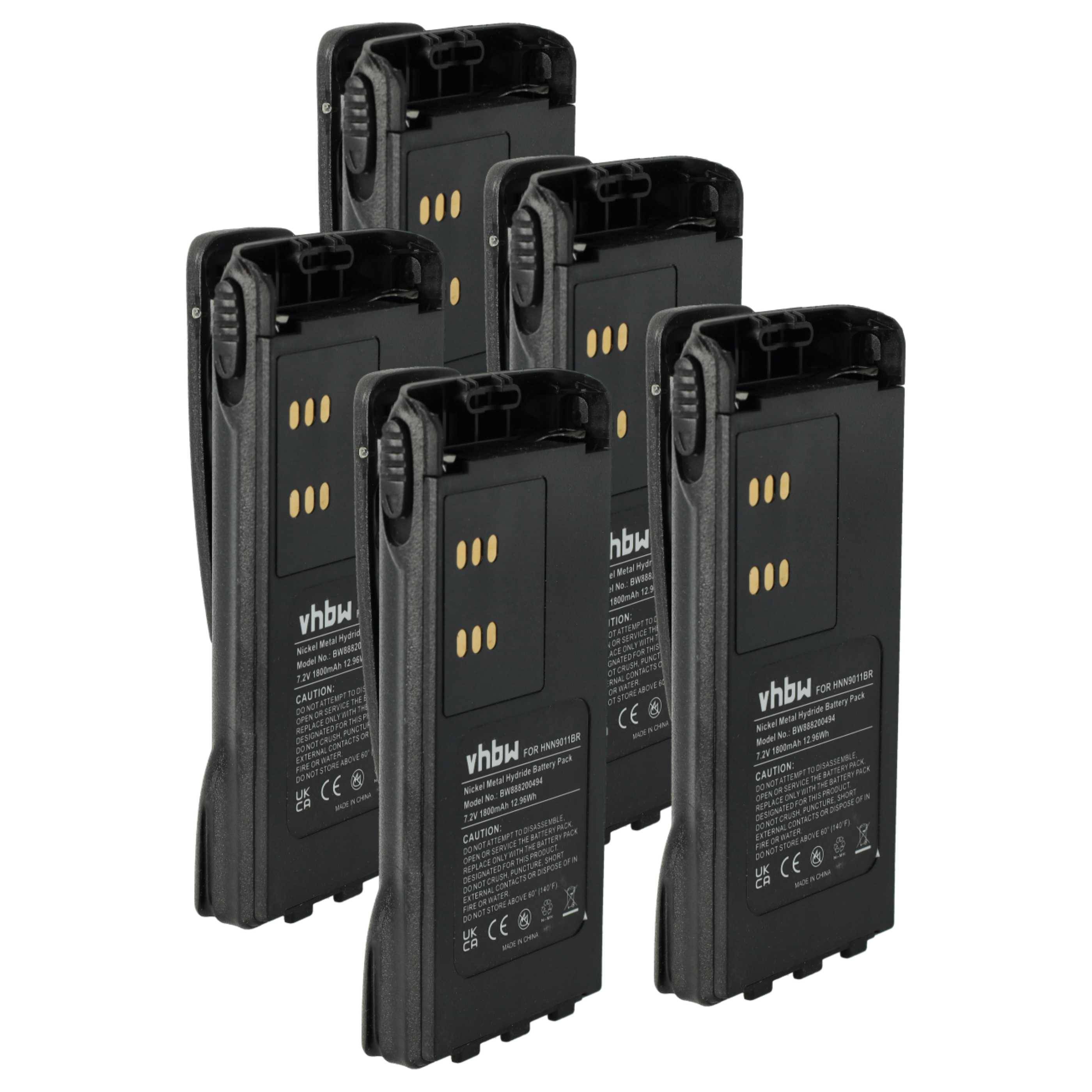 vhbw 5x Akku kompatibel mit Motorola GP338, GP339, GP328, GP329, GP330, GP320 Funkgerät, Walkie Talkie (1800 mAh, 7,2 V, NiMH) + Gürtelclip