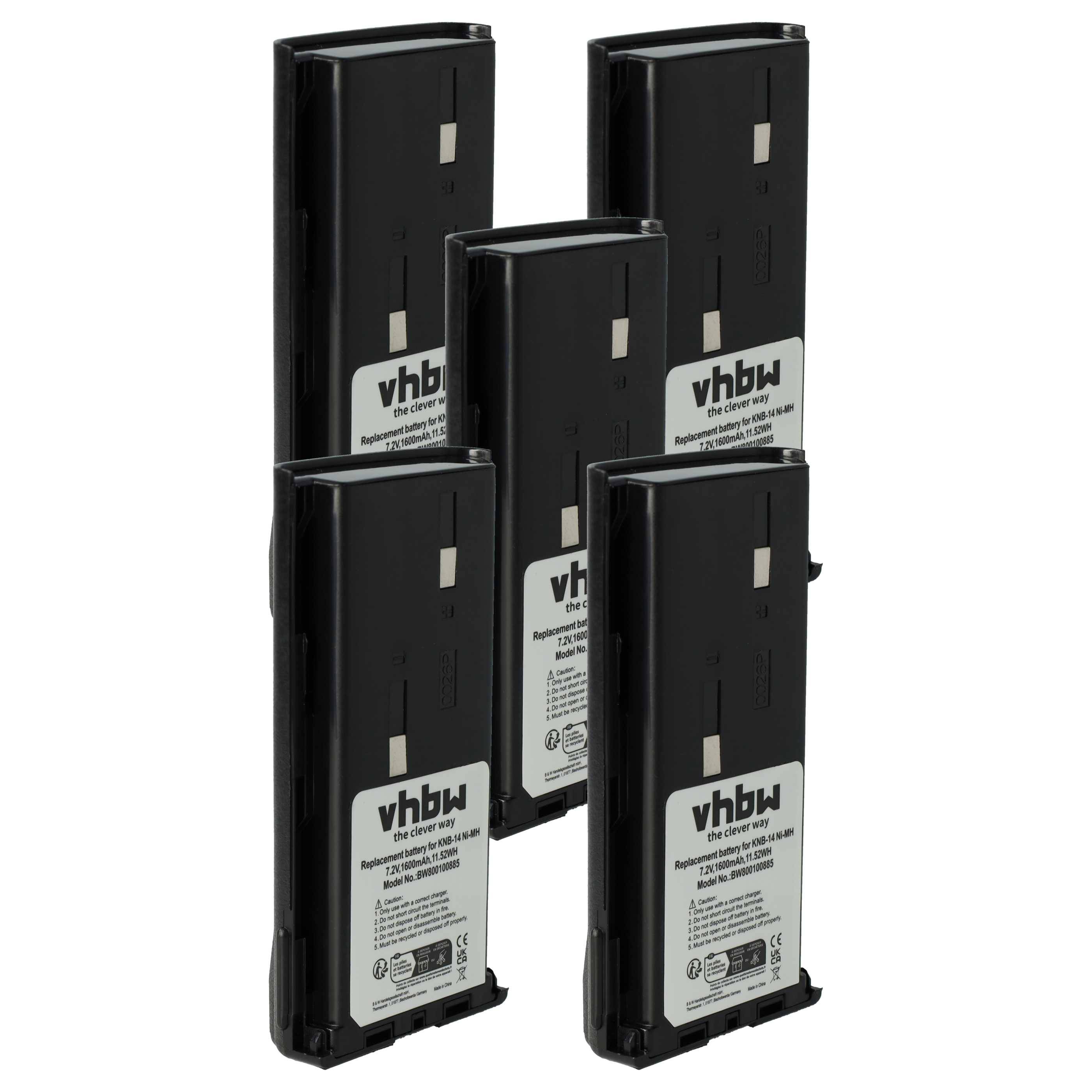 Fünf schwarze vhbw Ersatzbatterien, aufrecht stehend, konzipiert für Radios. Jede Batterie zeigt das vhbw-Logo und ein Spezifikationsetikett.