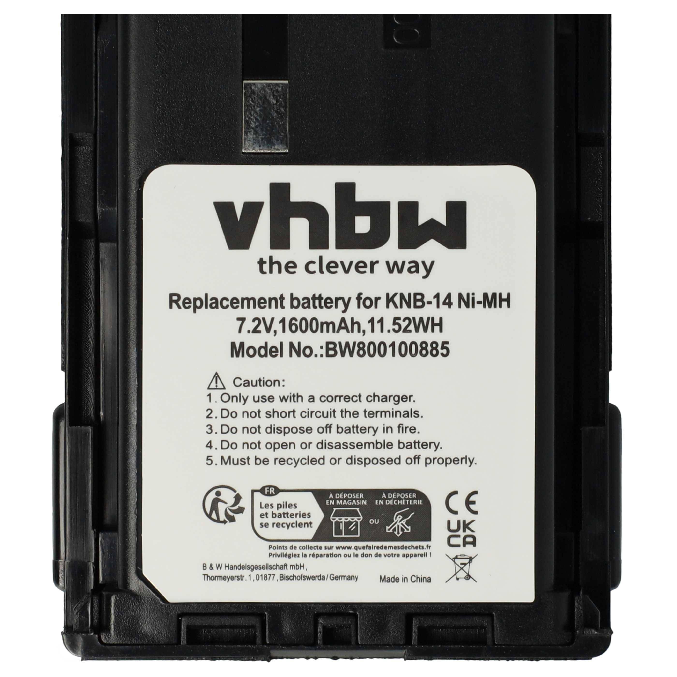 VHBW Ersatzbatterie für KNB-14 Ni-MH, 7.2V, 1600mAh, 11.52Wh' mit Sicherheitsanweisungen und Modellnummer BW800100885.