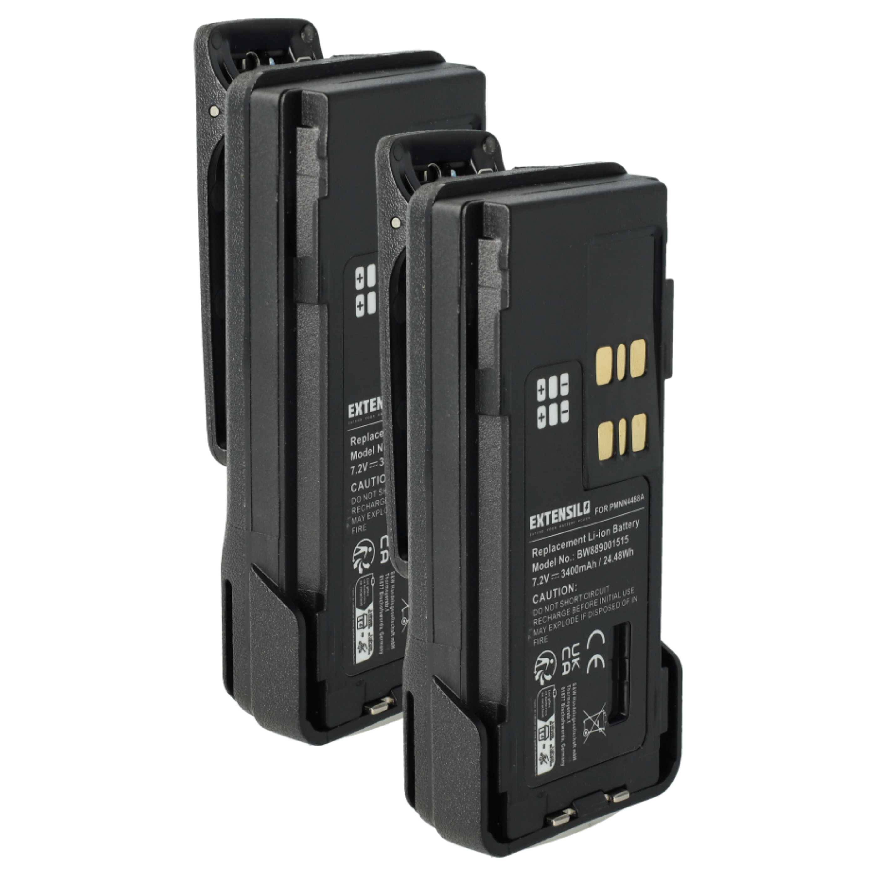 EXTENSILO 2x Akku Ersatz für Motorola PMNN4416, PMNN4415AR für Funkgerät, Walkie Talkie (3400 mAh, 7,2 V, Li-Ion) + Gürtelclip