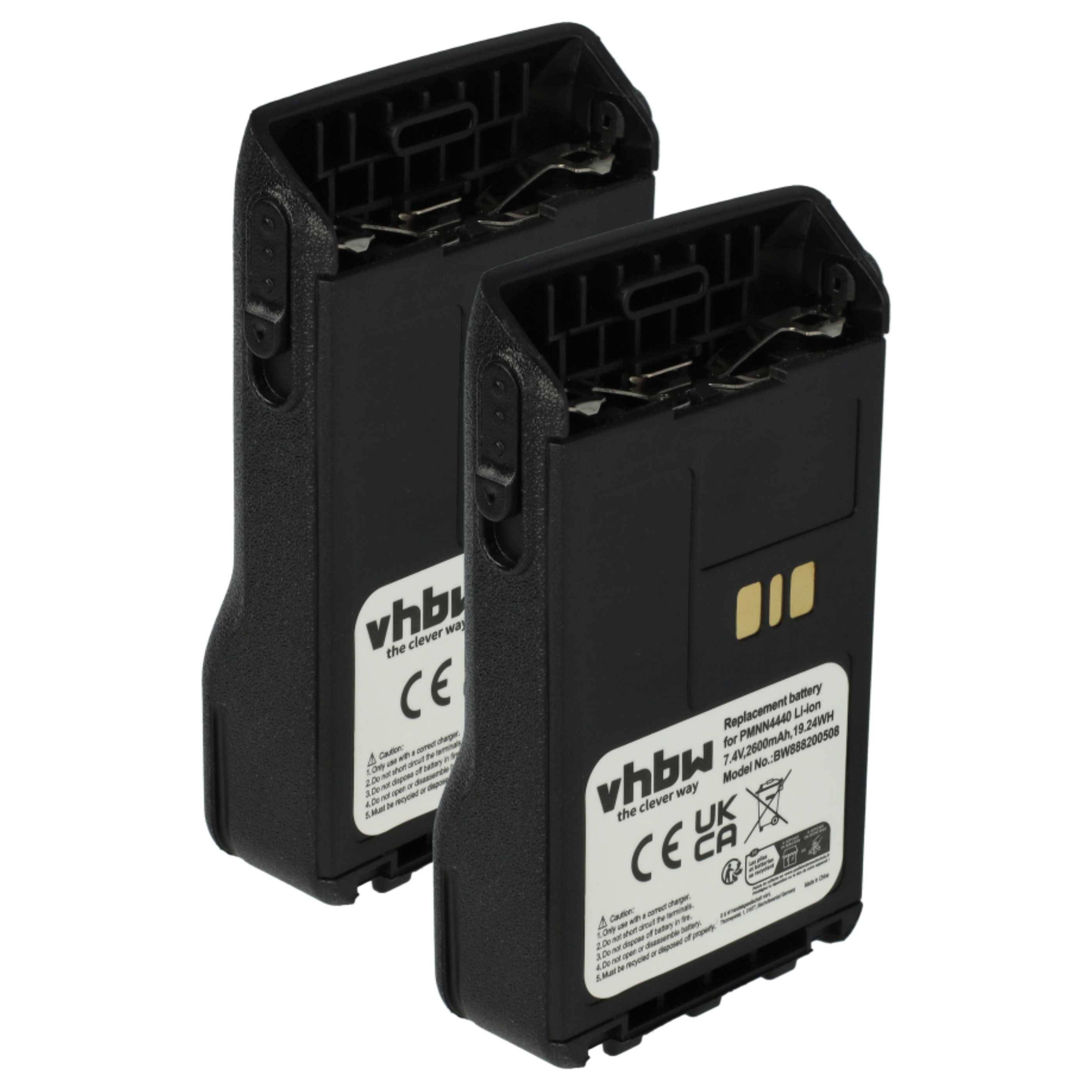 Zwei schwarze vhbw Ersatzbatterien mit CE- und UKCA-Zertifizierungen, entwickelt für den professionellen Einsatz in Funkgeräten und kompatiblen Geräten.