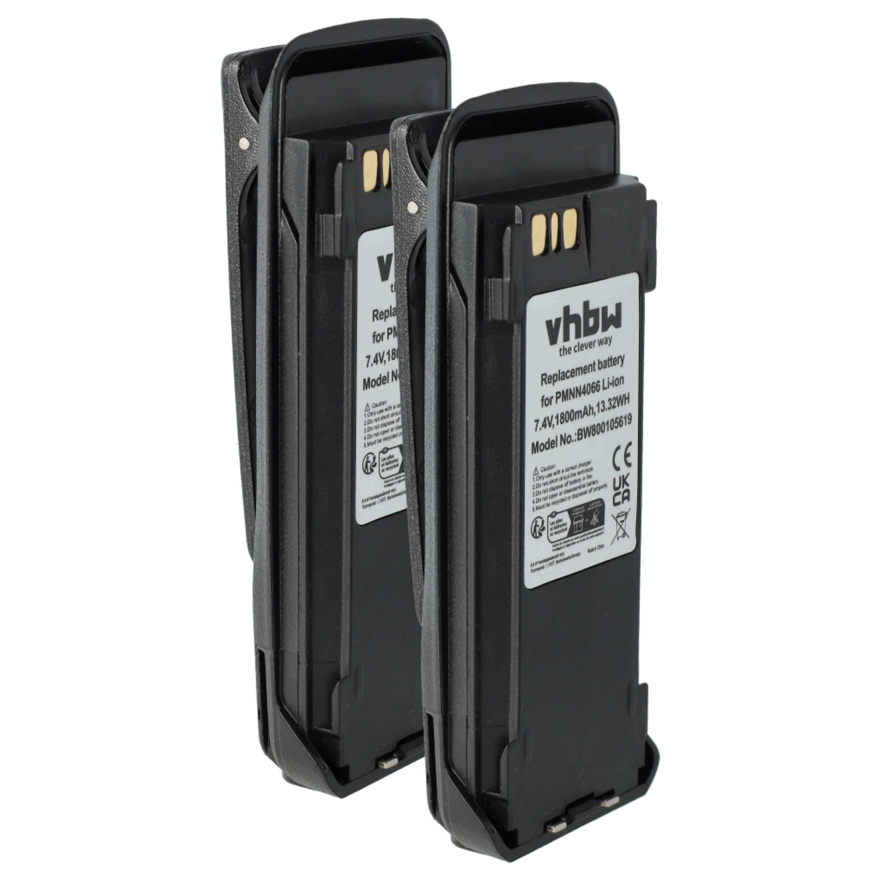 vhbw 2x Akku kompatibel mit Motorola MOTOTRBO DGP6150+, DP3401, DP3400 Funkgerät, Walkie Talkie (1800 mAh, 7,4 V, Li-Ion) + Gürtelclip