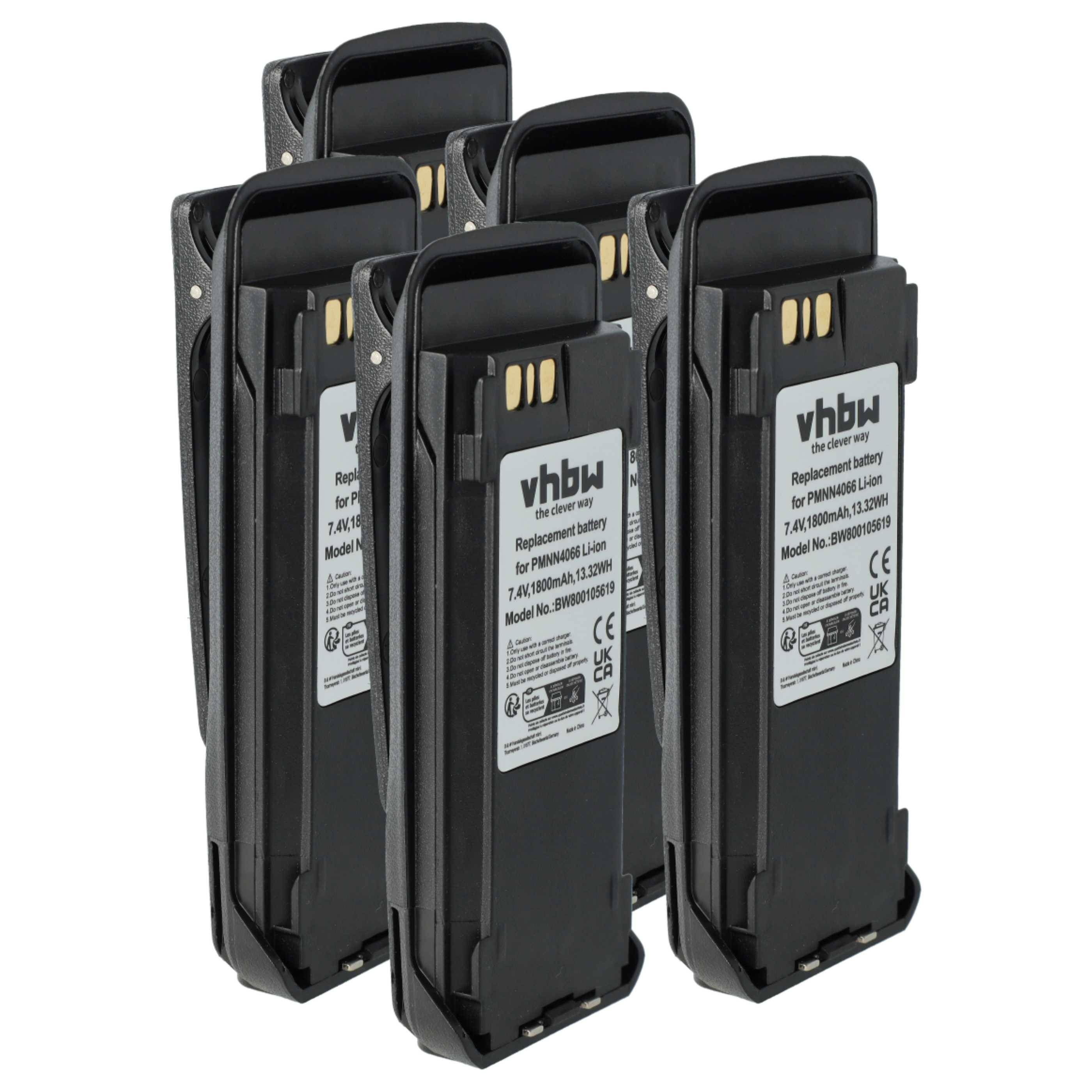 vhbw 5x Akku kompatibel mit Motorola MOTOTRBO XiR P8200, XiR P8208 Funkgerät, Walkie Talkie (1800 mAh, 7,4 V, Li-Ion) + Gürtelclip