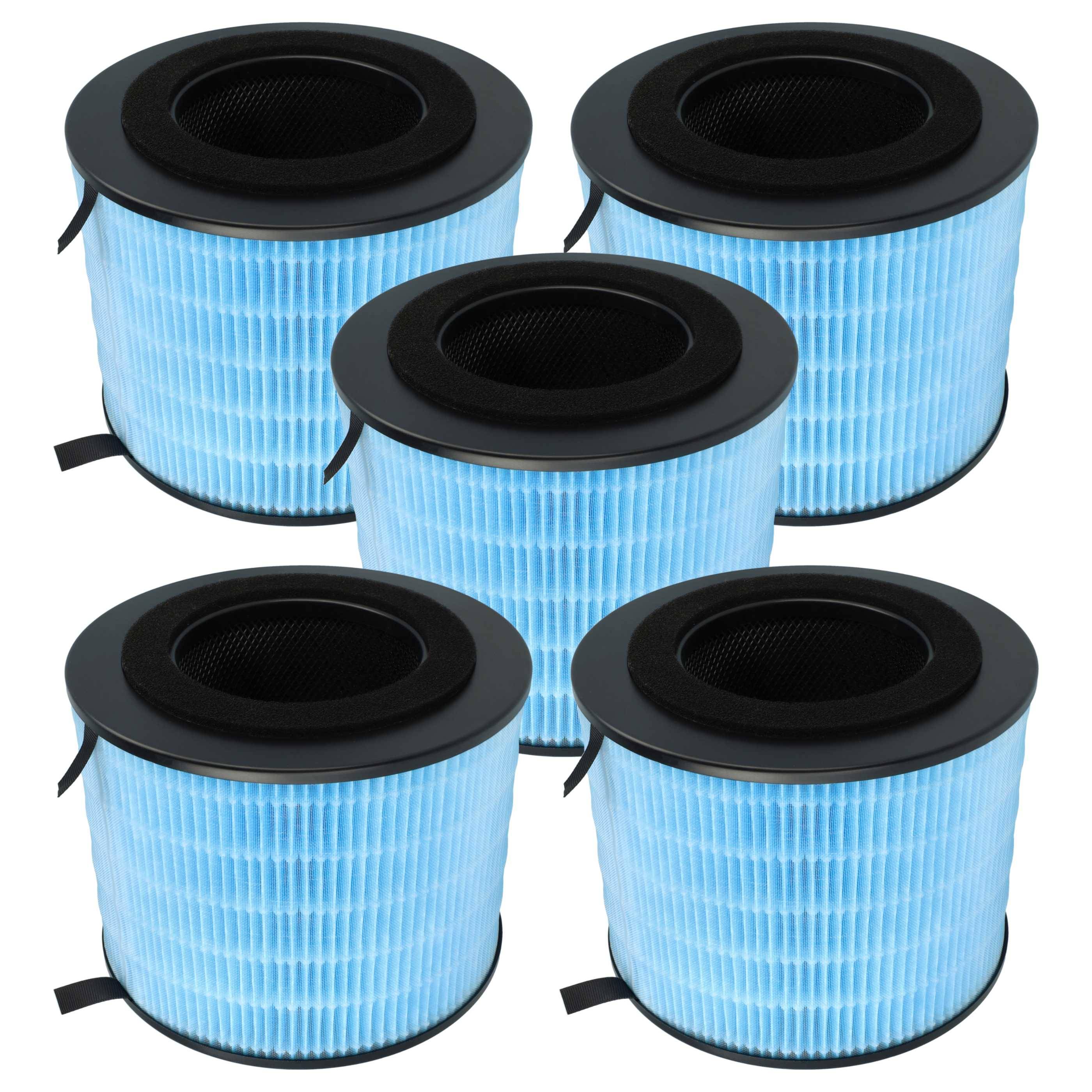 Fünf zylindrische blaue Luftfilter mit schwarzen Rändern sind in einem versetzten Muster angeordnet.