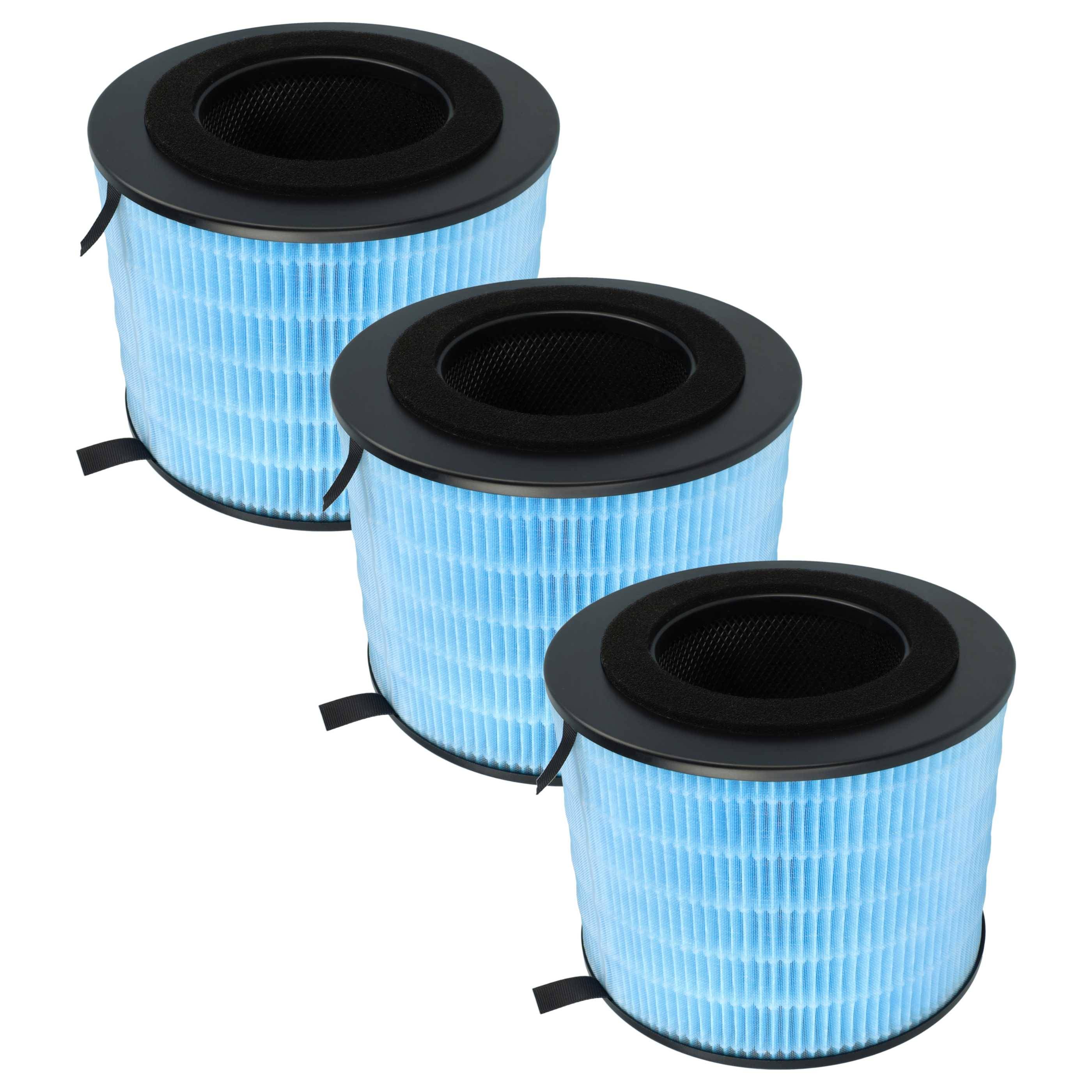 Drei blaue zylindrische Luftfilter mit schwarzen Rändern in einem leichten Bogen angeordnet.