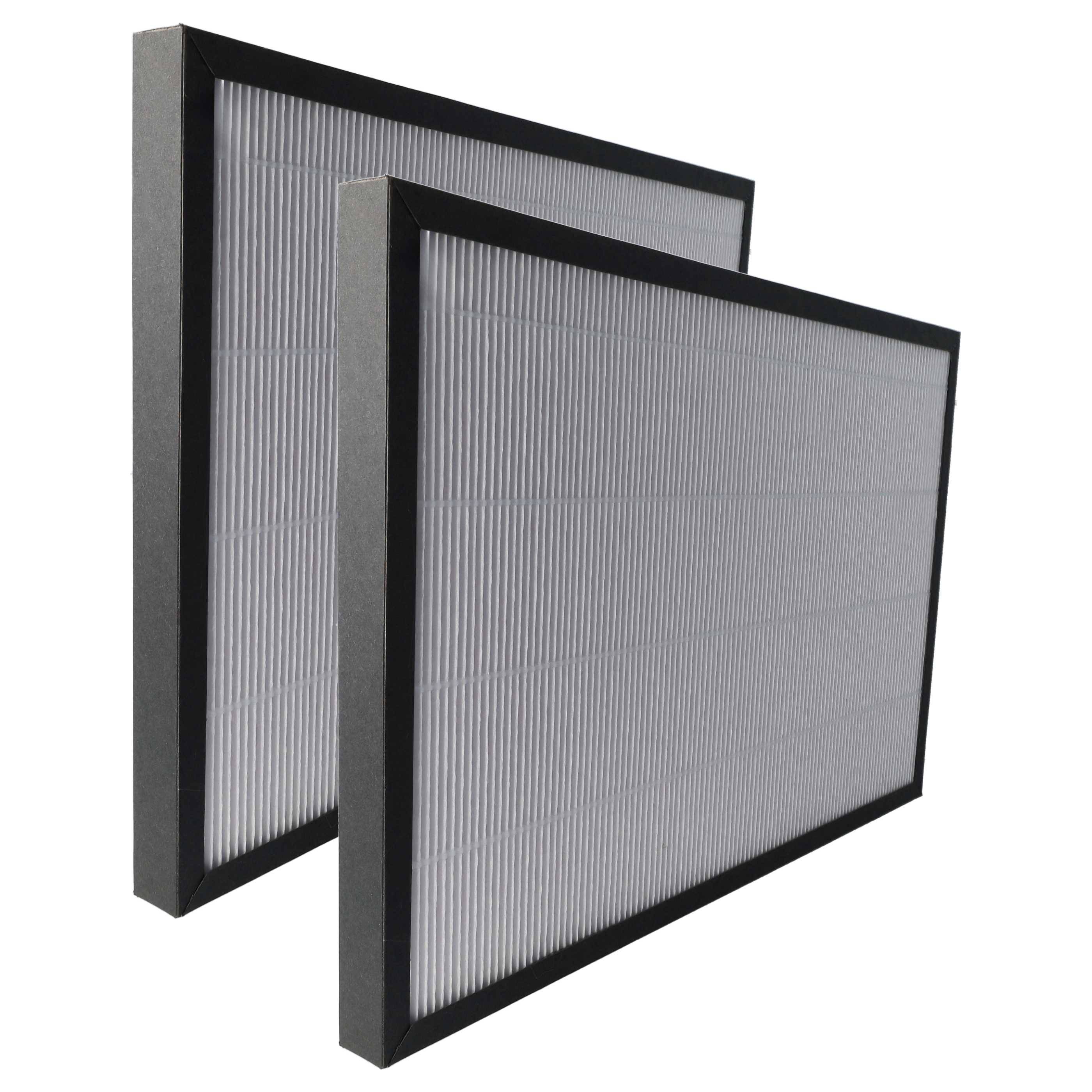 Zwei schwarzgerahmte Luftfilter mit weißen gefalteten Oberflächen, nebeneinander positioniert, was darauf hindeutet, dass es sich wahrscheinlich um Ersatzteile oder Reserveteile handelt.