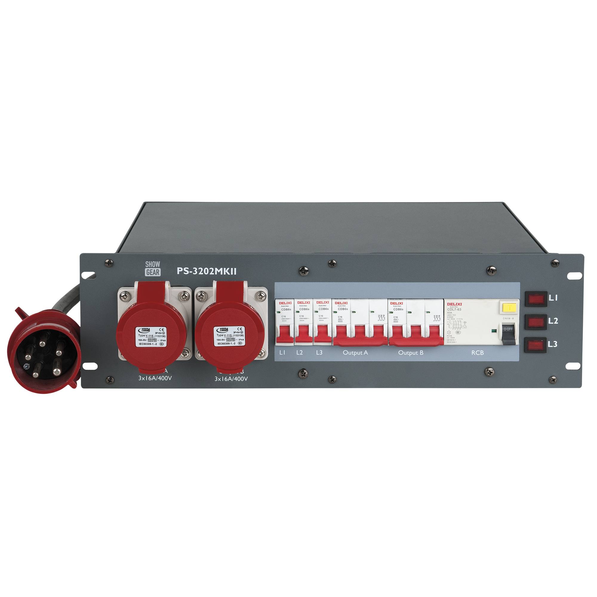 Showgear PS-3202 MKII CEE 32 A 32A-CEE-Eingang - 2 x 16A-CEE-Ausgänge + 6 x Schuko-Ausgänge