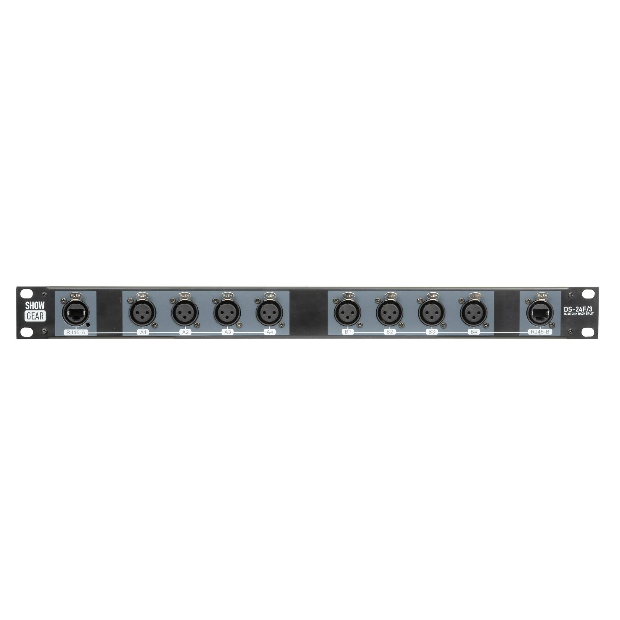 Showgear DS-24F/3 DMX Rack Split Split Box<br/>Geeignet für die Umwandlung von 8 Universen in zwei CAT-Kabel<br/>3-polige XLR-Buchsen und