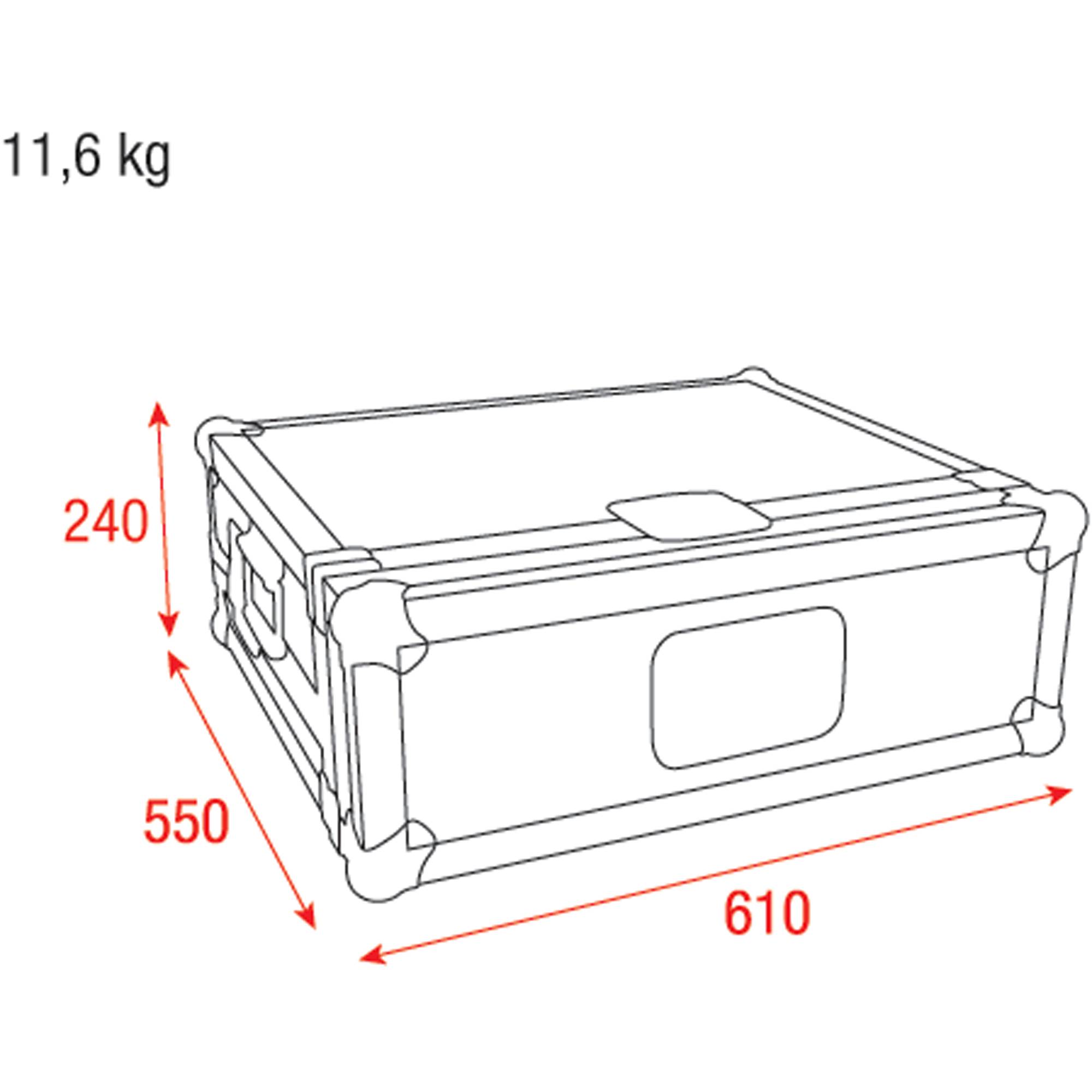 Flightcase-Diagramm mit Abmessungen: 240 mm Höhe, 550 mm Breite, 610 mm Tiefe. Gewicht: 11,6 kg.