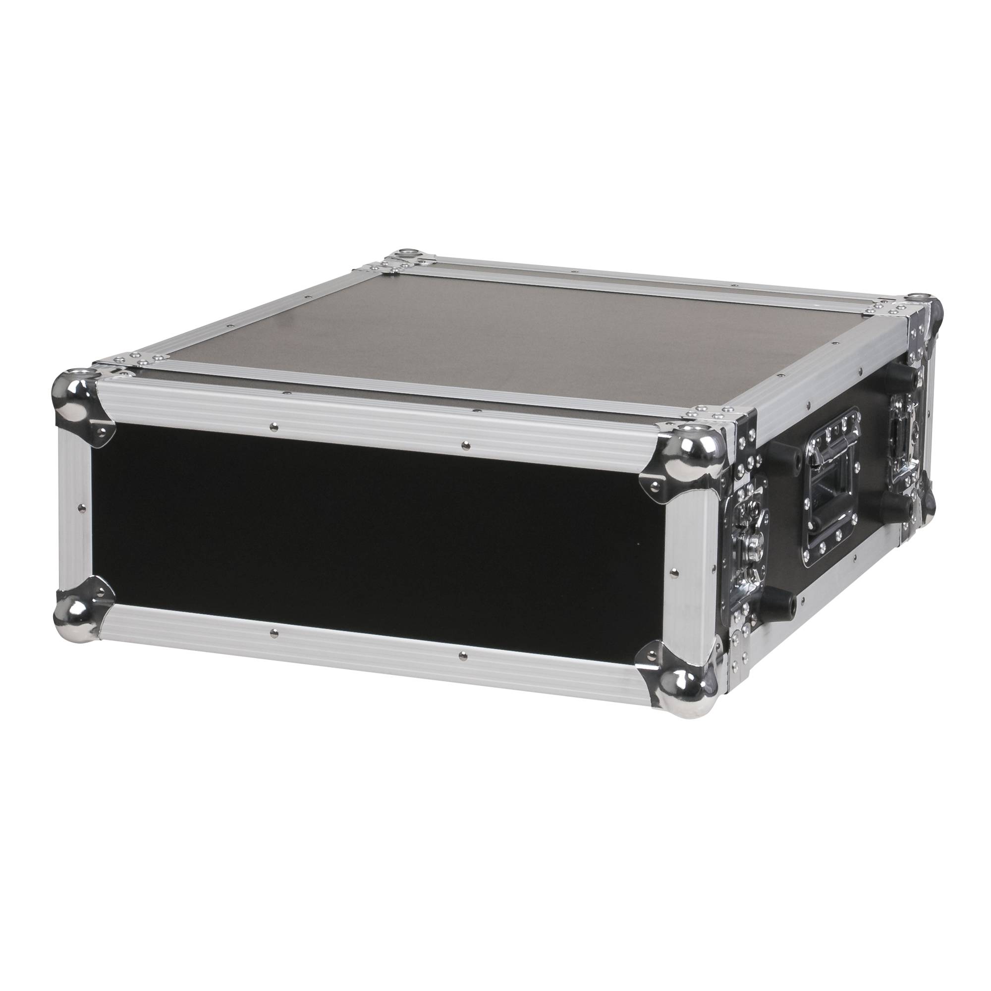Ein rechteckiger Flightcase mit Metallkanten und verstärkten Ecken, der auf einem schwarzen Hintergrund ruht; entwickelt zum Schutz von Equipment.