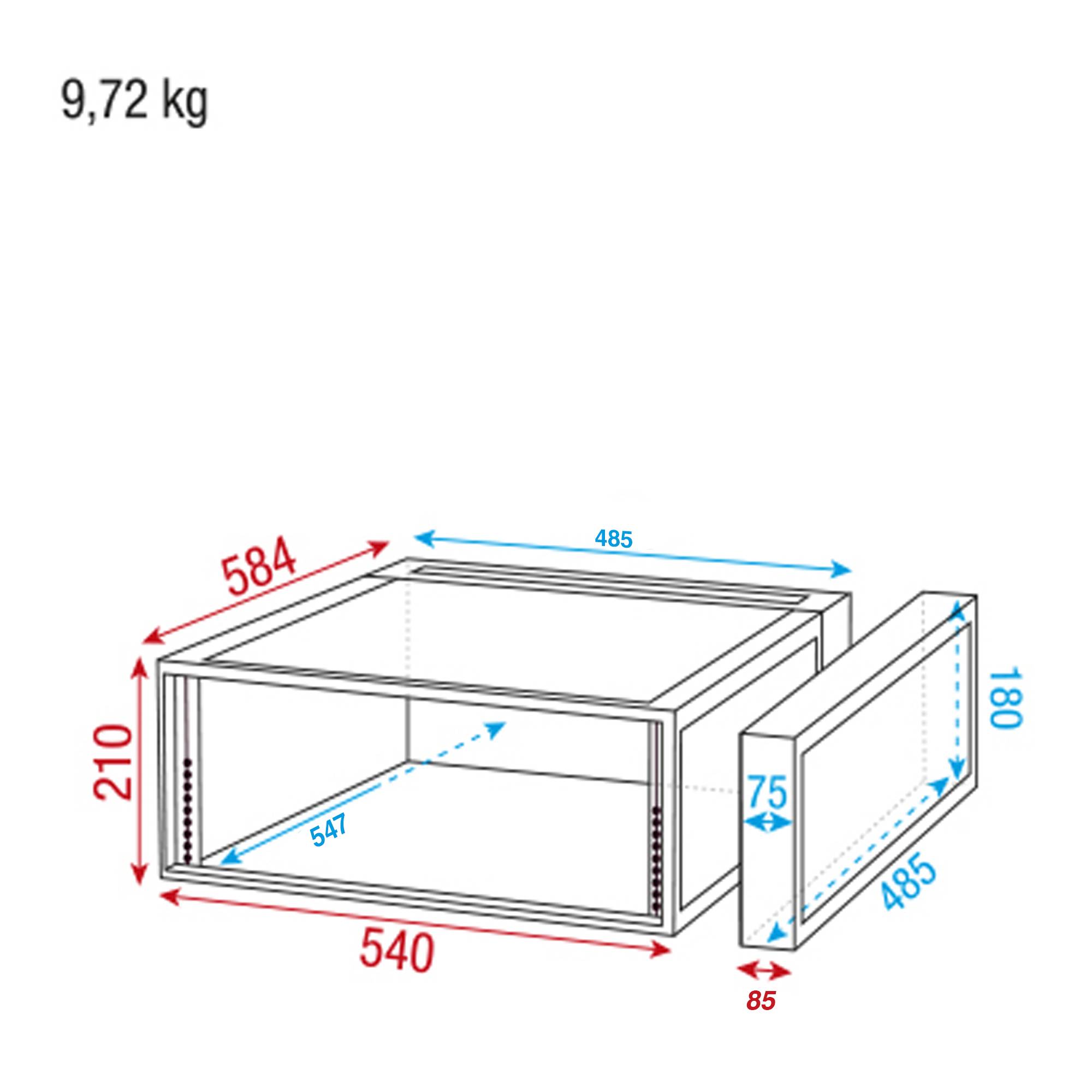 Diagramm einer Schubladeneinheit; Abmessungen: 584 mm breit, 210 mm hoch, 540 mm tief. Schubladenfront: 485 mm breit, 180 mm hoch, 75 mm tief.