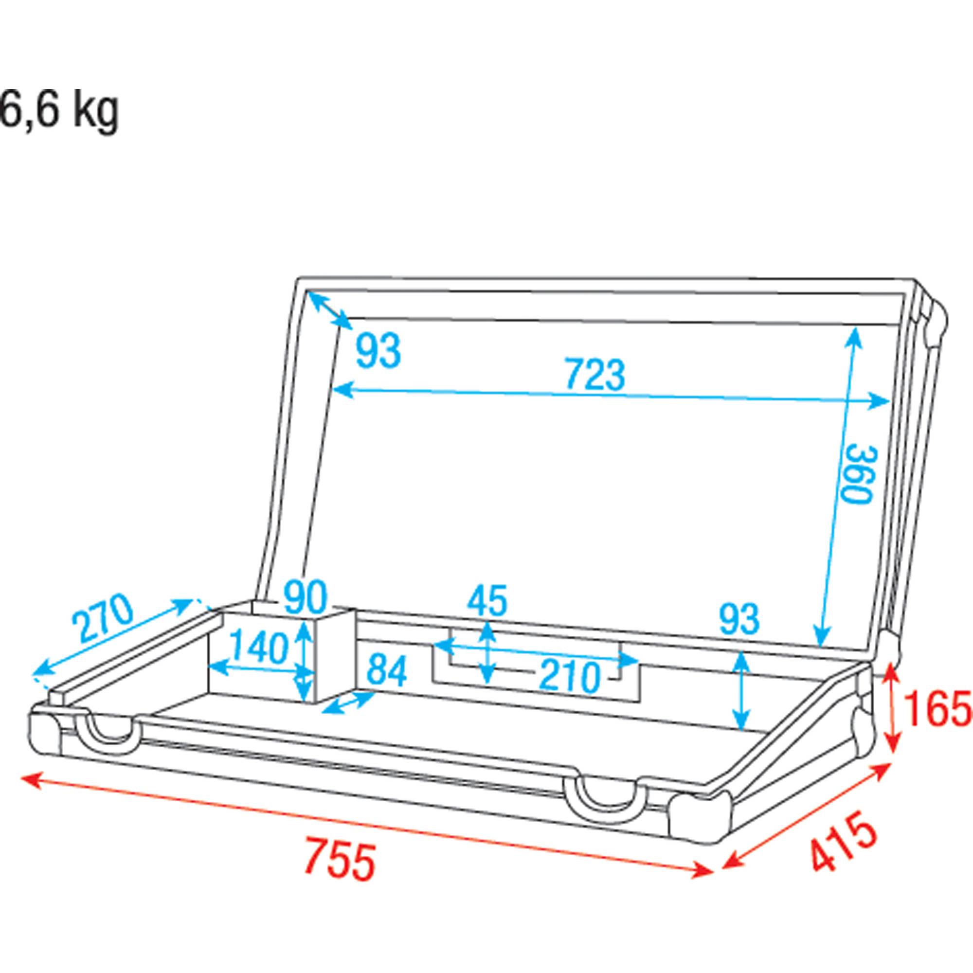 Linienzeichnung einer offenen Aktentasche mit Abmessungen: Breite 755 mm, Tiefe 415 mm, Höhe 165 mm. Innenräume vermessen und in Millimetern beschriftet.