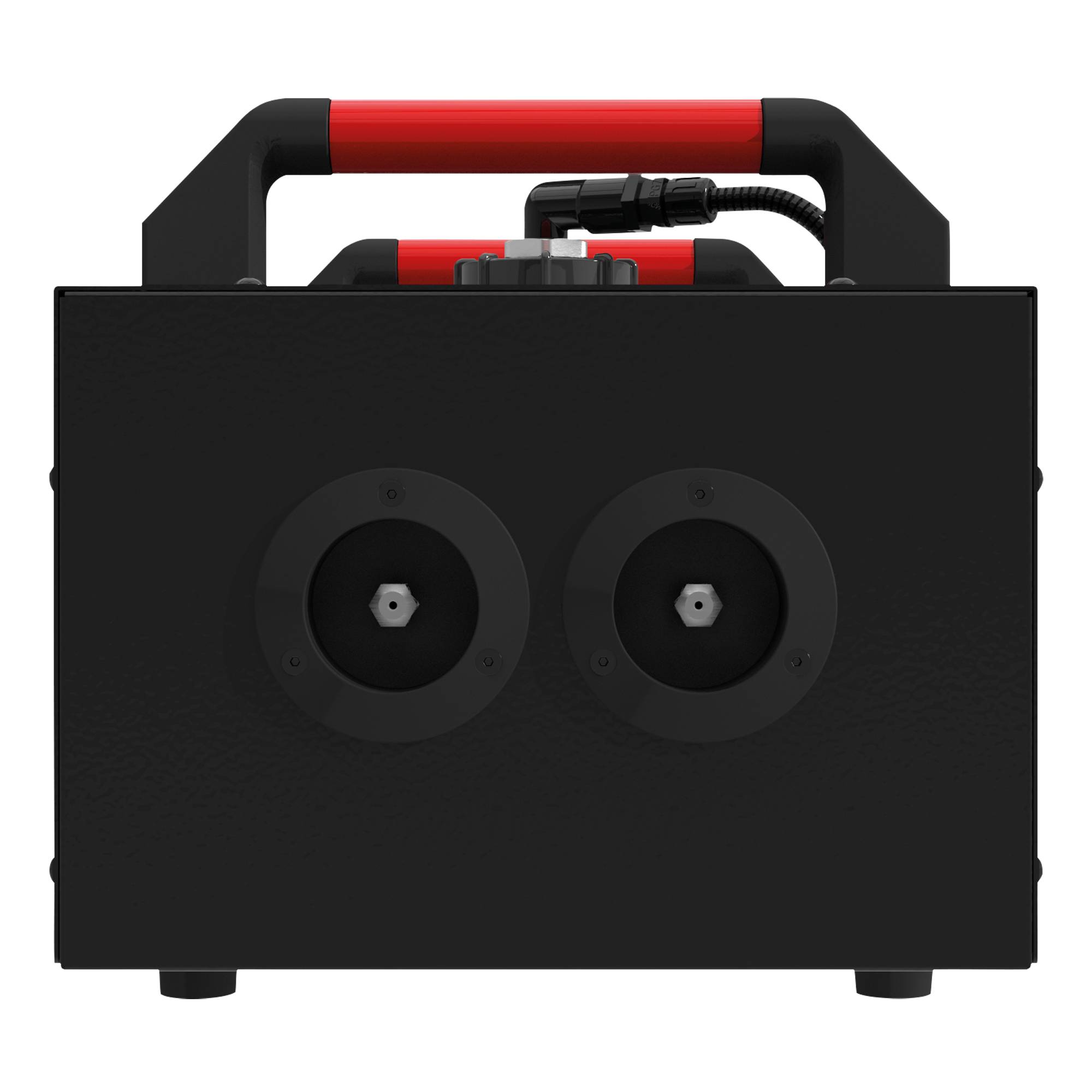 Eine schwarze rechteckige Maschine mit einem roten Griff und zwei kreisförmigen Lüftungsöffnungen an einer Seite, möglicherweise ein tragbares Gerät oder Ausrüstungsstück.