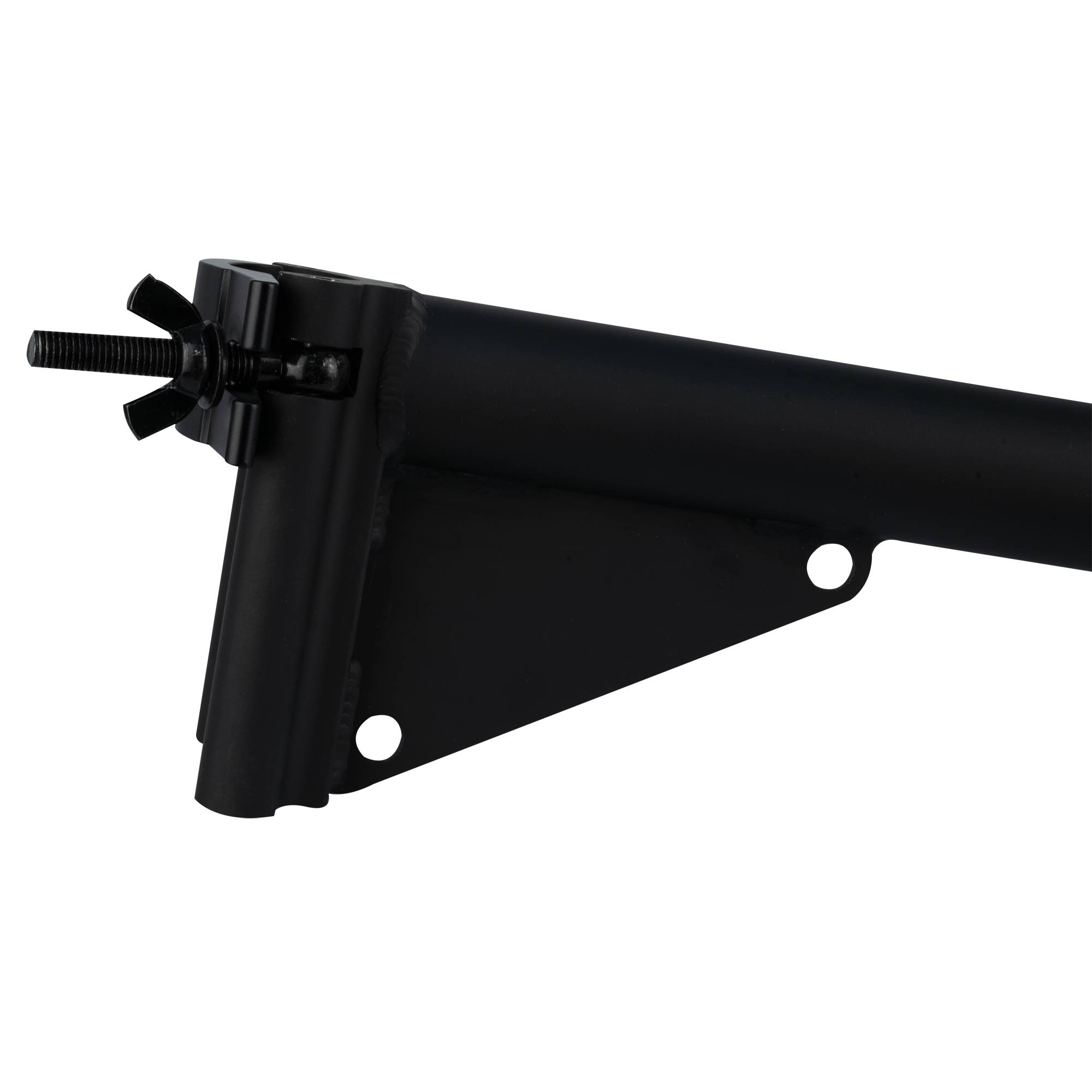 Eine schwarze Metallhalterung mit einer verstellbaren Schraube, entwickelt zum Anbringen, vor einem dunklen Hintergrund präsentiert.