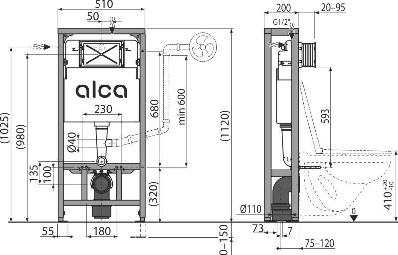 Alcadrain Vorwandinstallationssystem für Trockenbau freistehend AM116/1120