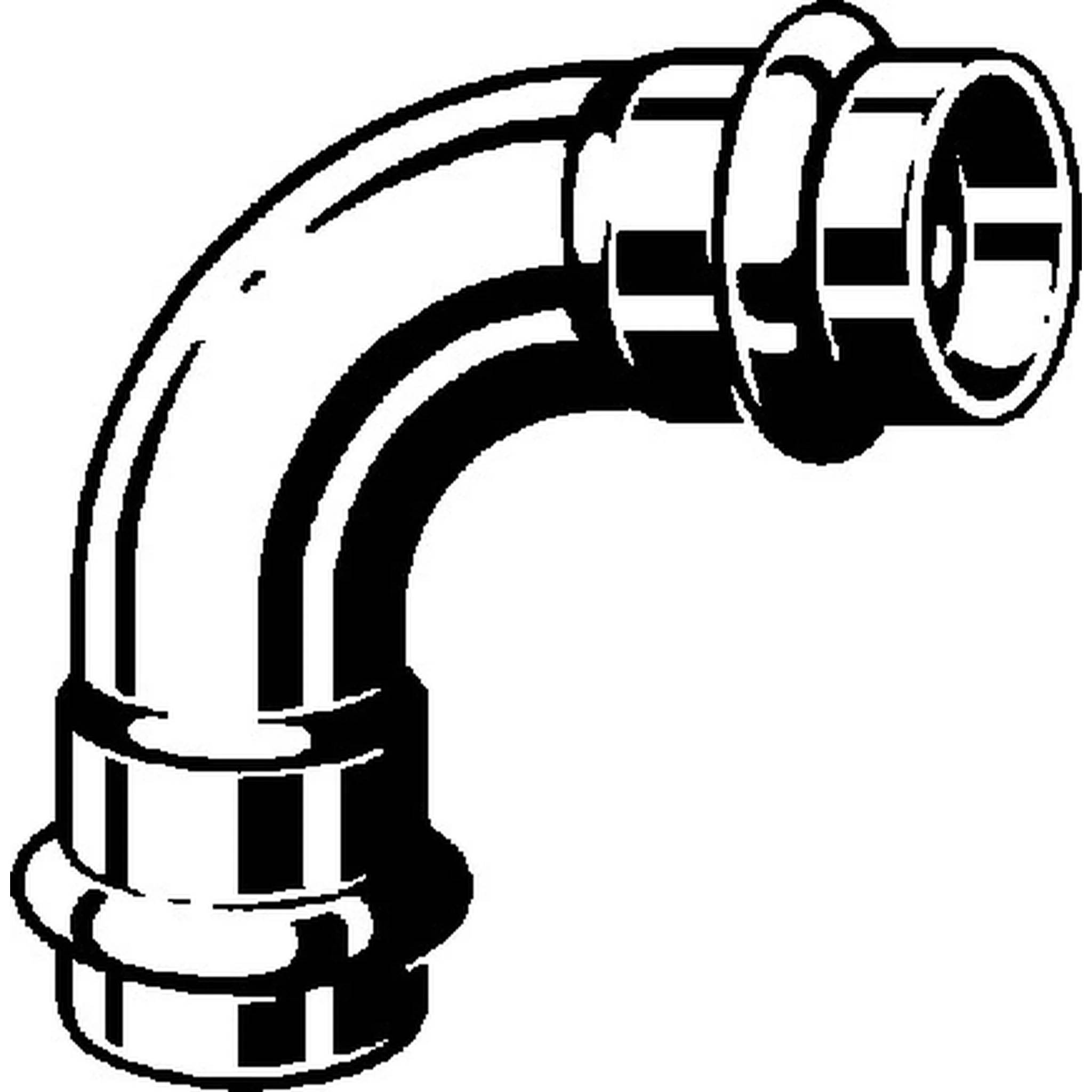 Schwarz-Weiß-Illustration einer 90-Grad-Metallrohr-Kniestück-Armatur mit Gewinde-Enden, dargestellt in der Seitenansicht.
