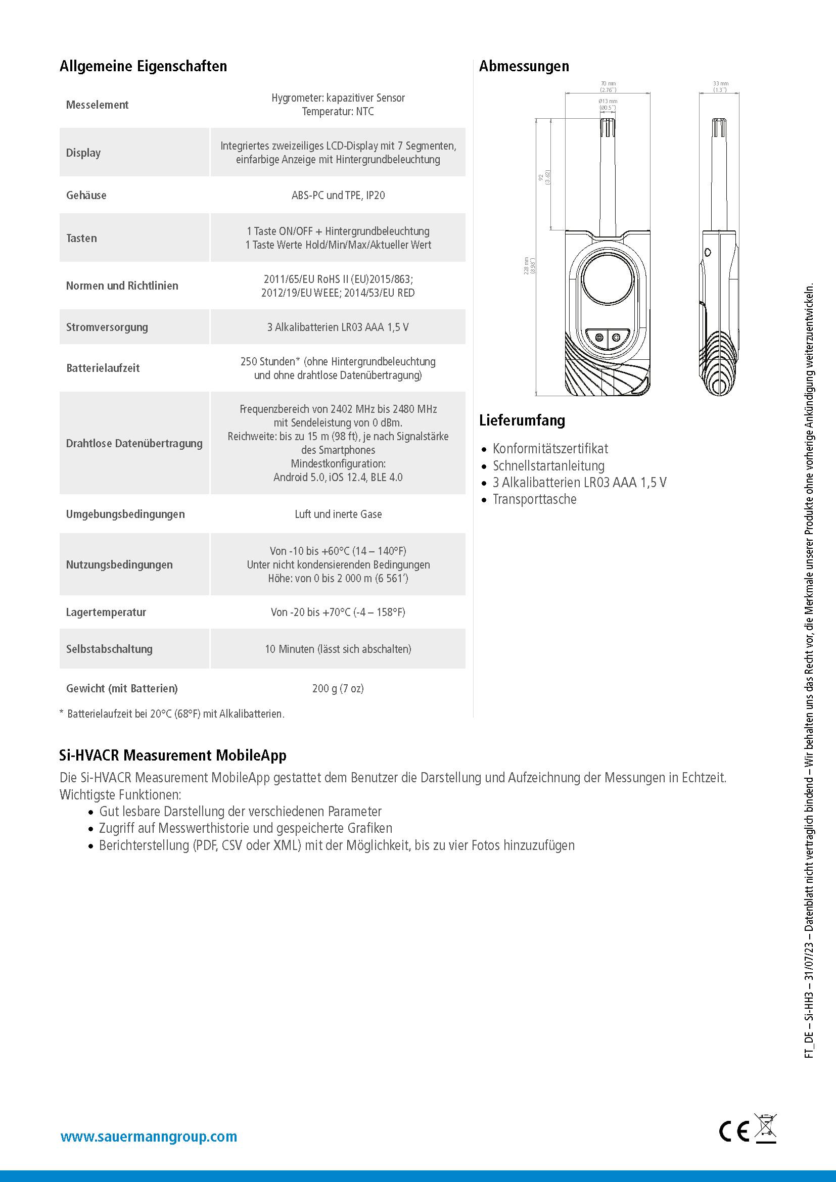 Sauermann Si-HH3 Thermo-hygrometer mit integriertem Temperatur-Feuchtesensor