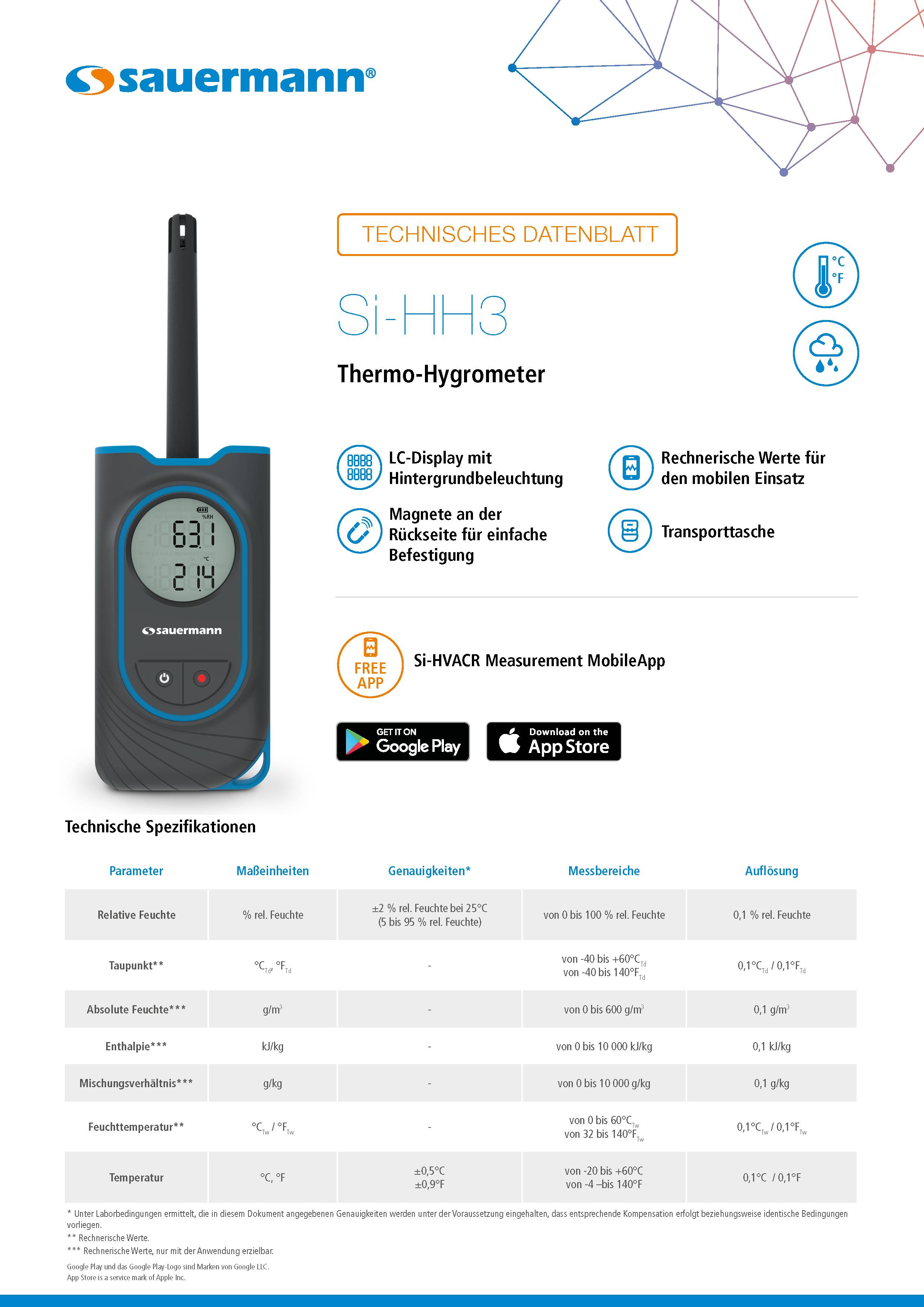 Sauermann Si-HH3 Thermo-hygrometer mit integriertem Temperatur-Feuchtesensor
