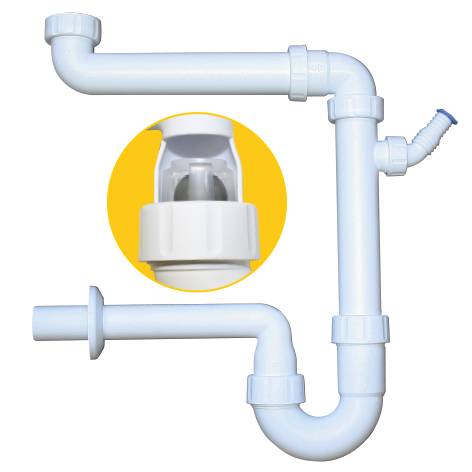 PP-Raumspar Kugelverschlußsiphon DN 32, 1 1/2" & 1 1/4"für Spülen und Waschtische, weiss