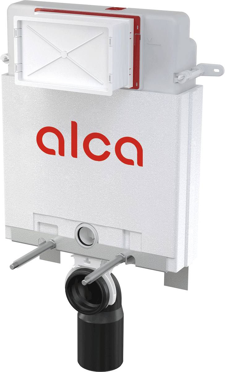 Weiße verdeckte Toilettenspülkasten mit 'alca'-Logo, vordere Betätigungsplatte und Auslassrohr unten auf schwarzem Hintergrund gezeigt.