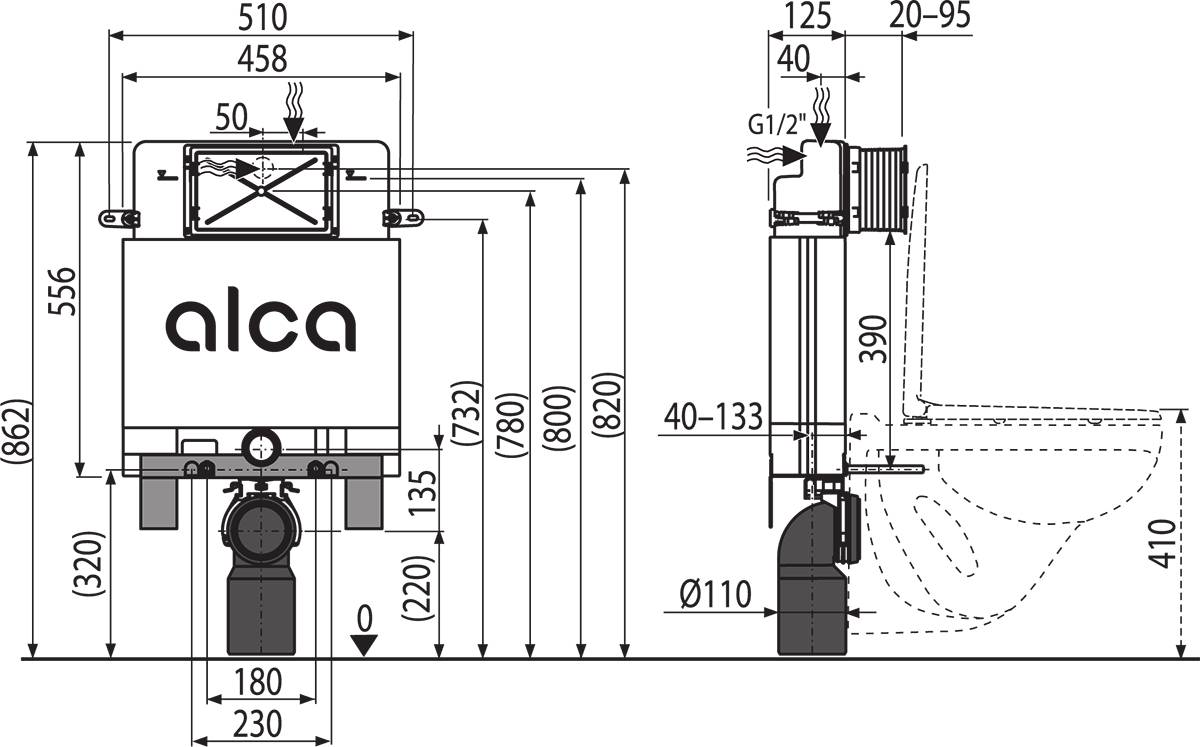 Technische Installationszeichnung eines verdeckten Toilettenbehälters von Alca mit Vorder- und Seitenansichten, Abmessungen und Rohrleitungsanschlüssen für die Wandmontage.