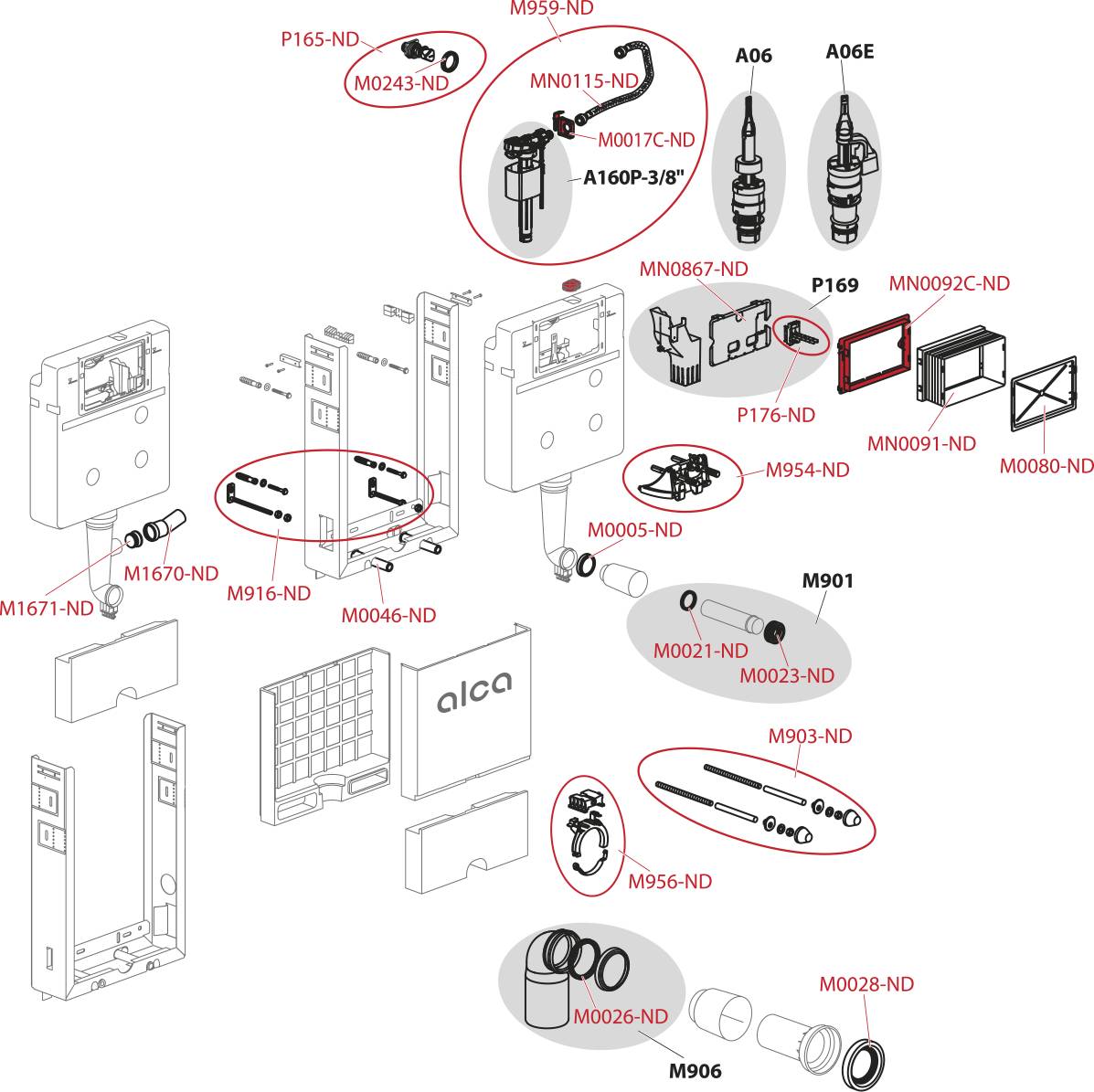 Zerlegtes technisches Schaltbild eines Toilettenbehälter-Spülmechanismus mit gekennzeichneten Teilen und Hinweisen, die Bauteilstandorte und Montageverhältnisse zeigen.