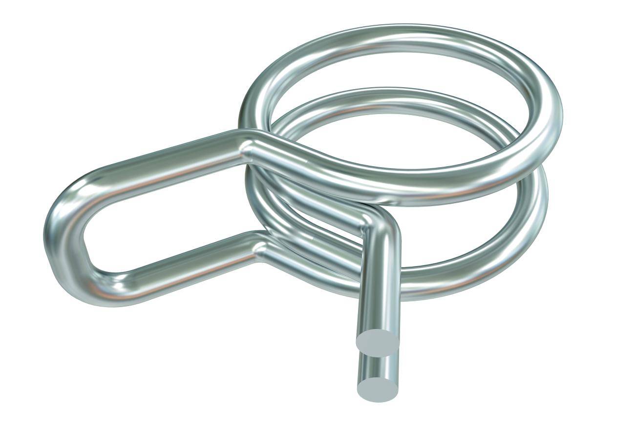 Glänzende Metallspringklammer mit ovalem Ring und angebrachter Schlaufe auf weißem Hintergrund.