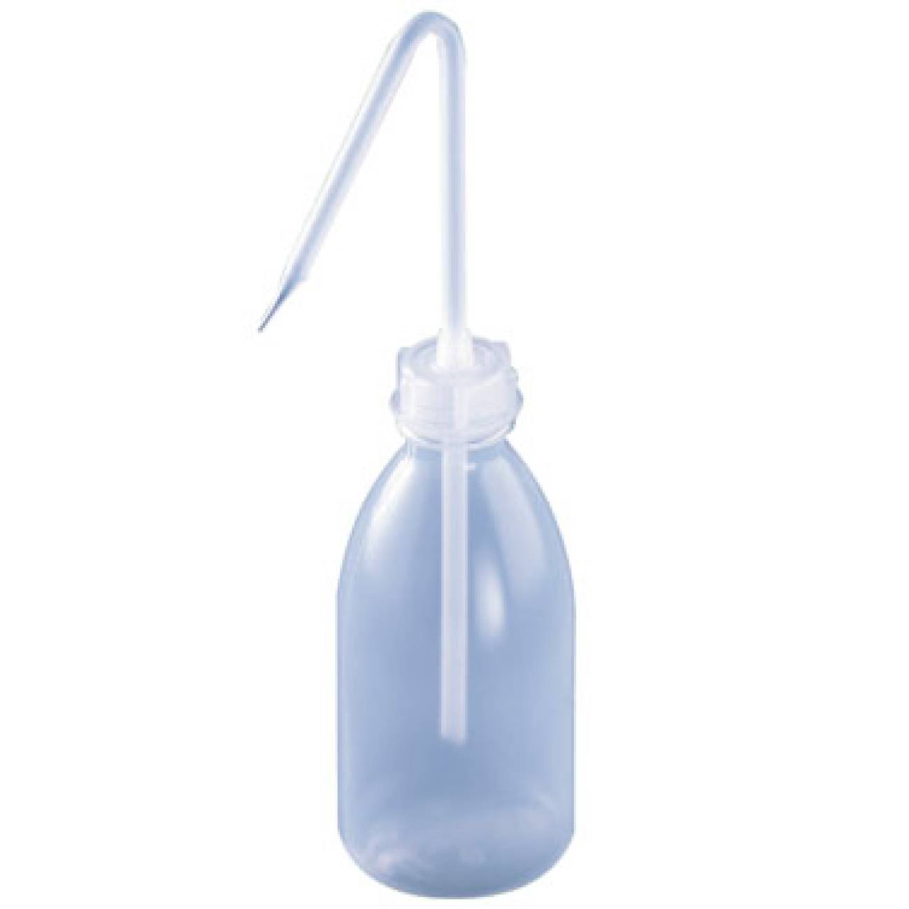 Kunststoff-Quetschwaschflasche mit gekrümmter Düse, vor weißem Hintergrund dargestellt.