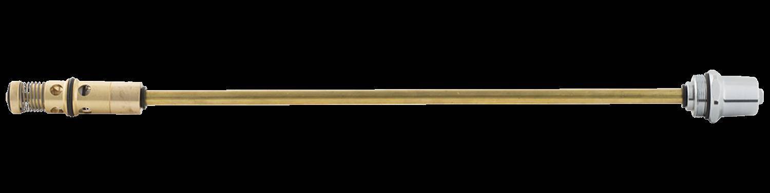 Langer Messingstab mit einem gerippten Goldverbinder auf der linken Seite und einer weißen Kunststoffendkappe auf der rechten Seite, dargestellt vor schwarzem Hintergrund.