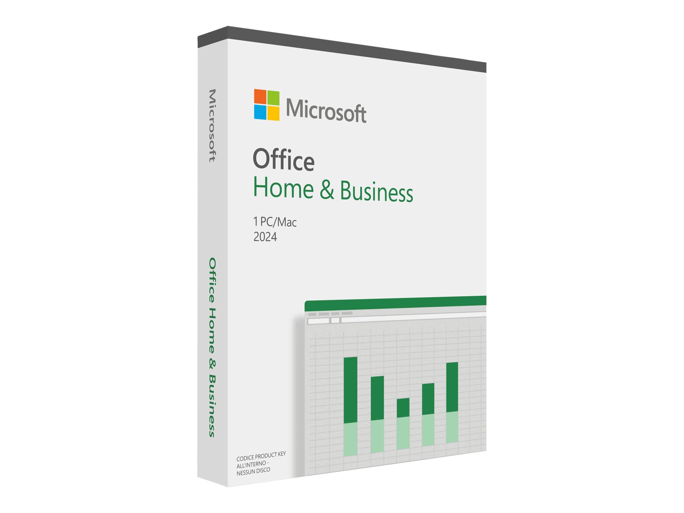 Microsoft Office Home & Business 2024 für 1 PC/Mac, dargestellt als Einzelhandels-Softwareverpackung mit dem Microsoft-Logo und einer grünen Balkendiagramm-Grafik.