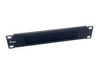 Schwarzes 1U-Rack-Blindpanel mit vier Befestigungslöchern und einer zentralen leeren Öffnung, dargestellt auf weißem Hintergrund